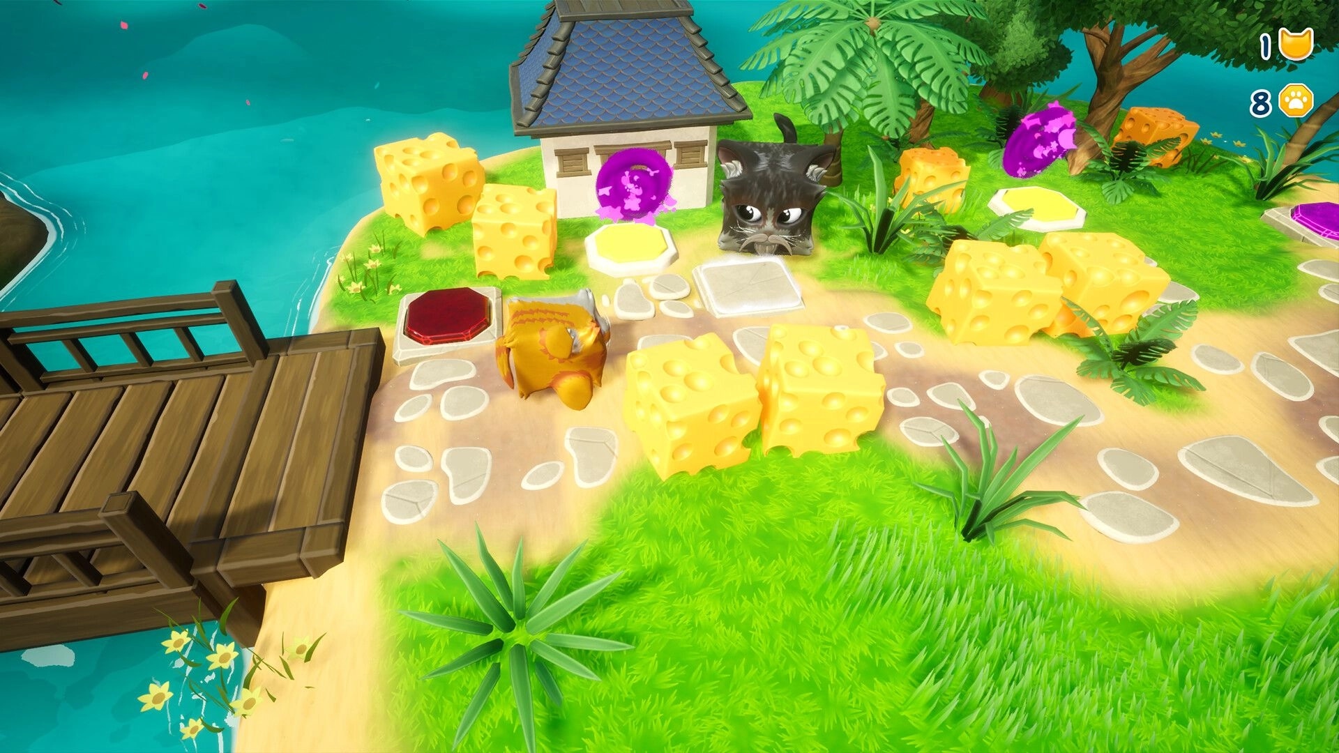 Lost in Cheese: Cat character pushes cheese blocks on a sunny island path towards a red button.