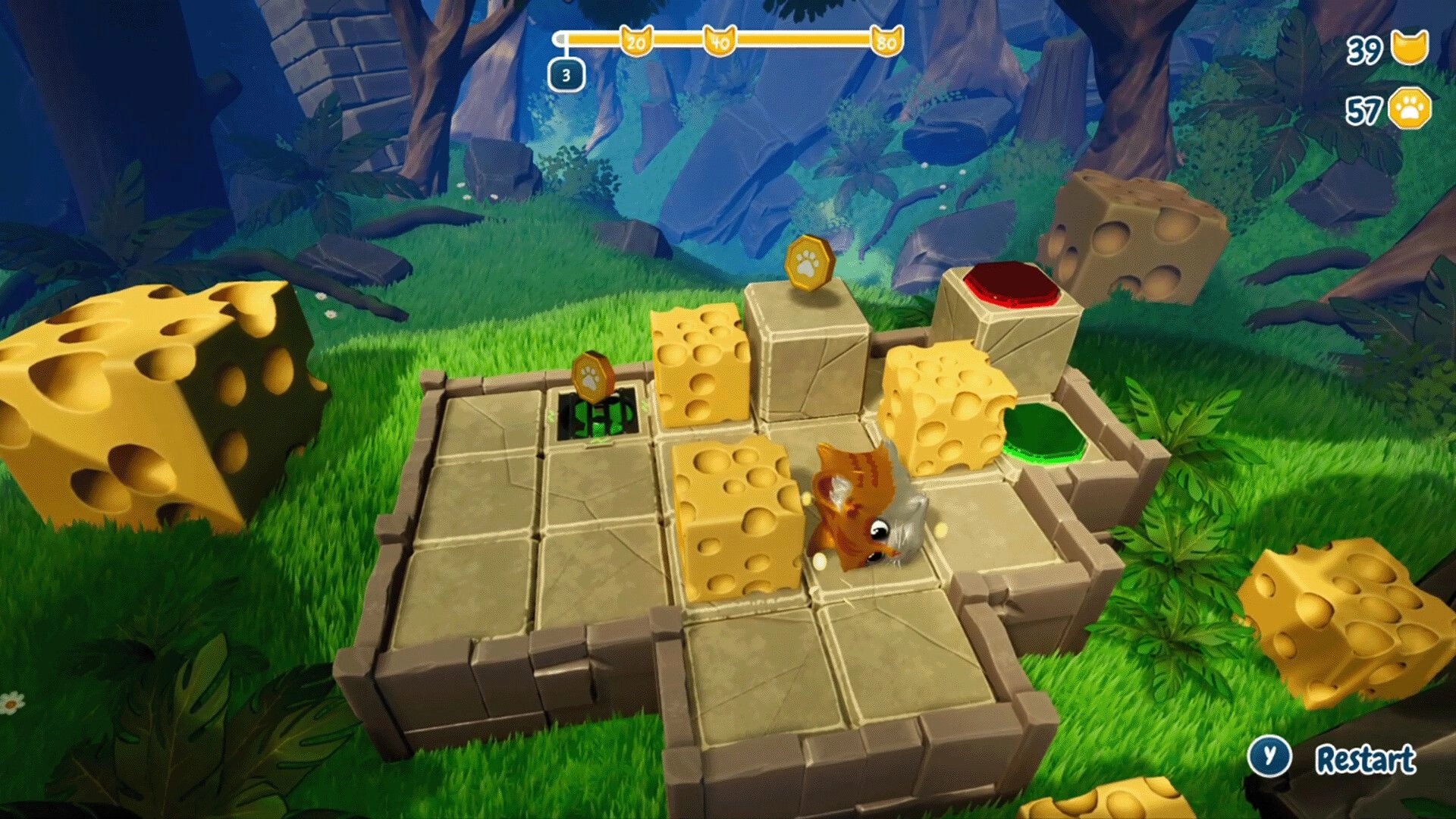 Lost in Cheese: Character pushes cheese blocks on tiled path in forest clearing towards red button