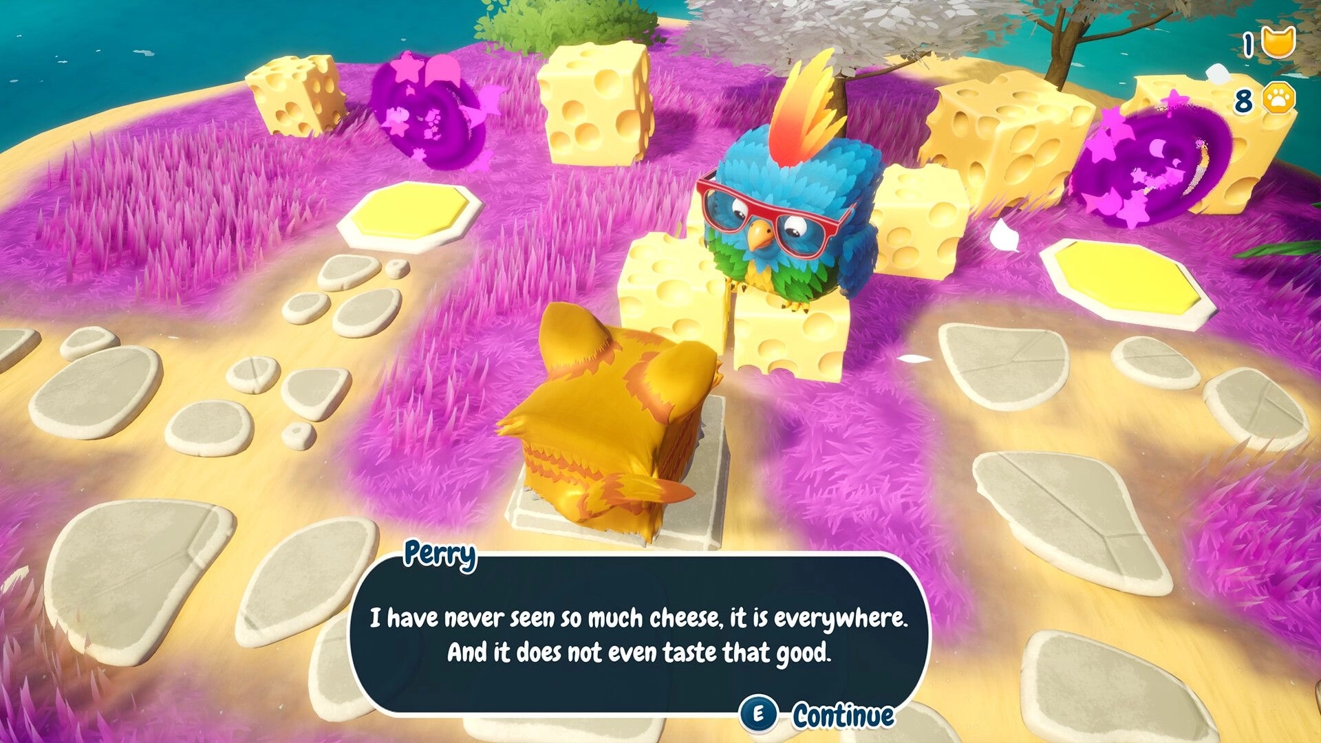 Lost in Cheese: Perry speaks to a colorful bird surrounded by cheese blocks on a vibrant island path
