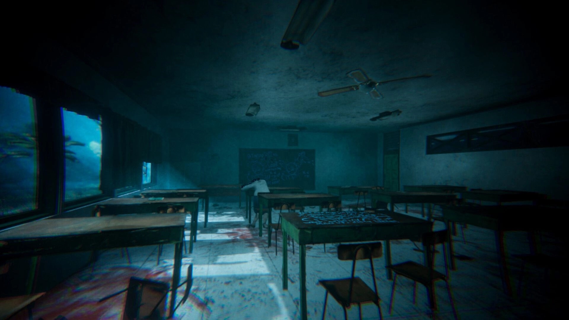 Lost in Dread: Protagonist cowering in a haunted classroom with eerie lighting and abandoned desks