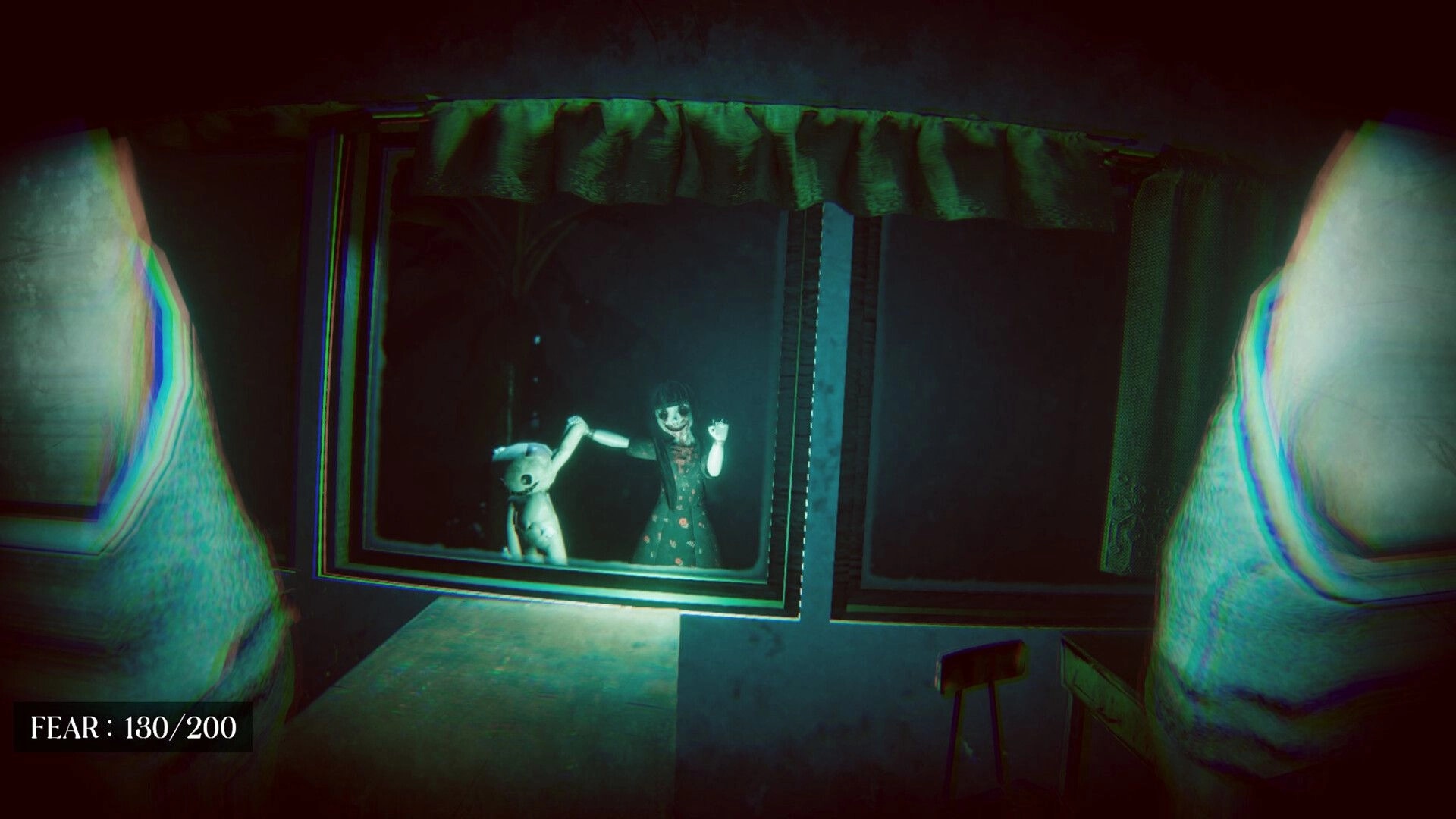 Lost in Dread: Ghostly figure and teddy bear in dark room window, fear meter reads 130/200