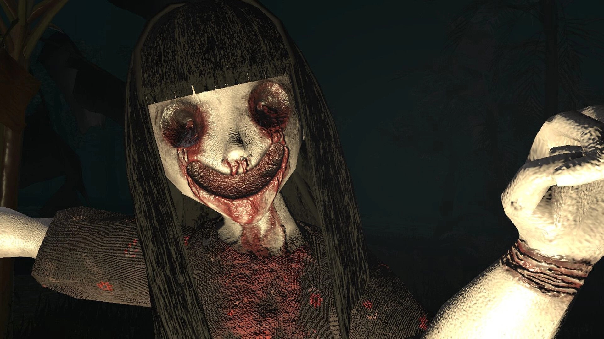 Lost in Dread: Creepy doll-like ghost with blood-stained face in dark forest environment