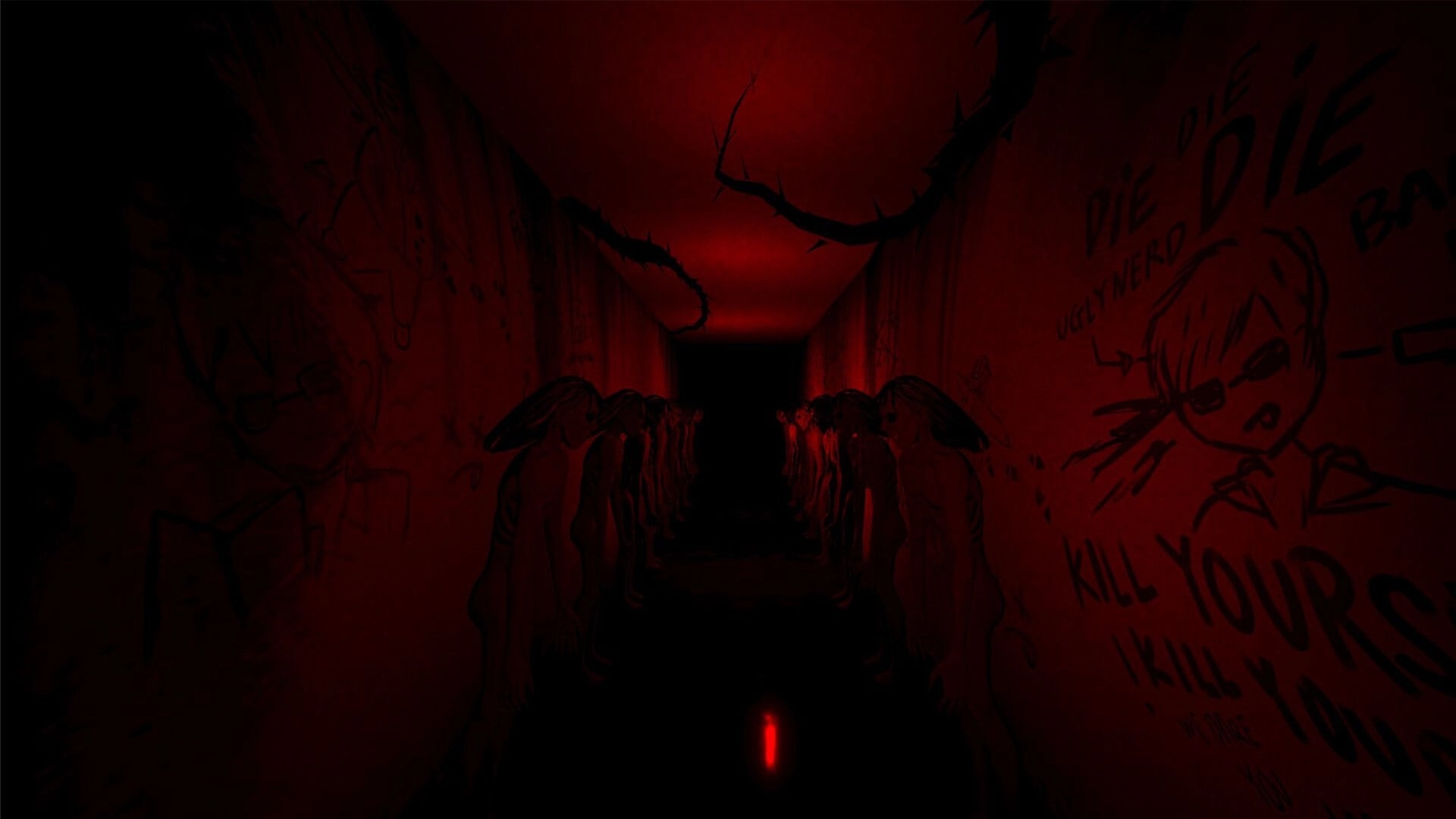 Lost in Dread: Eerie red-lit corridor with shadowy figures and unsettling wall graffiti in a ghostly realm