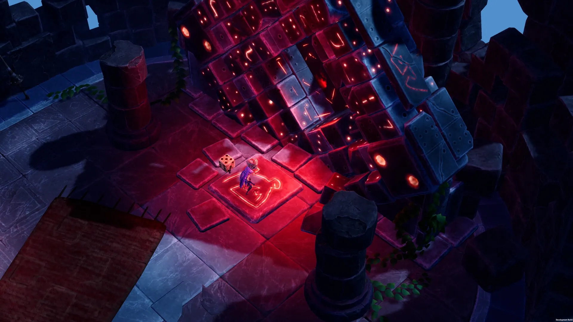 Lost in Random: Queen Aleksandra and Fortune activate glowing platform beneath towering dice structure.