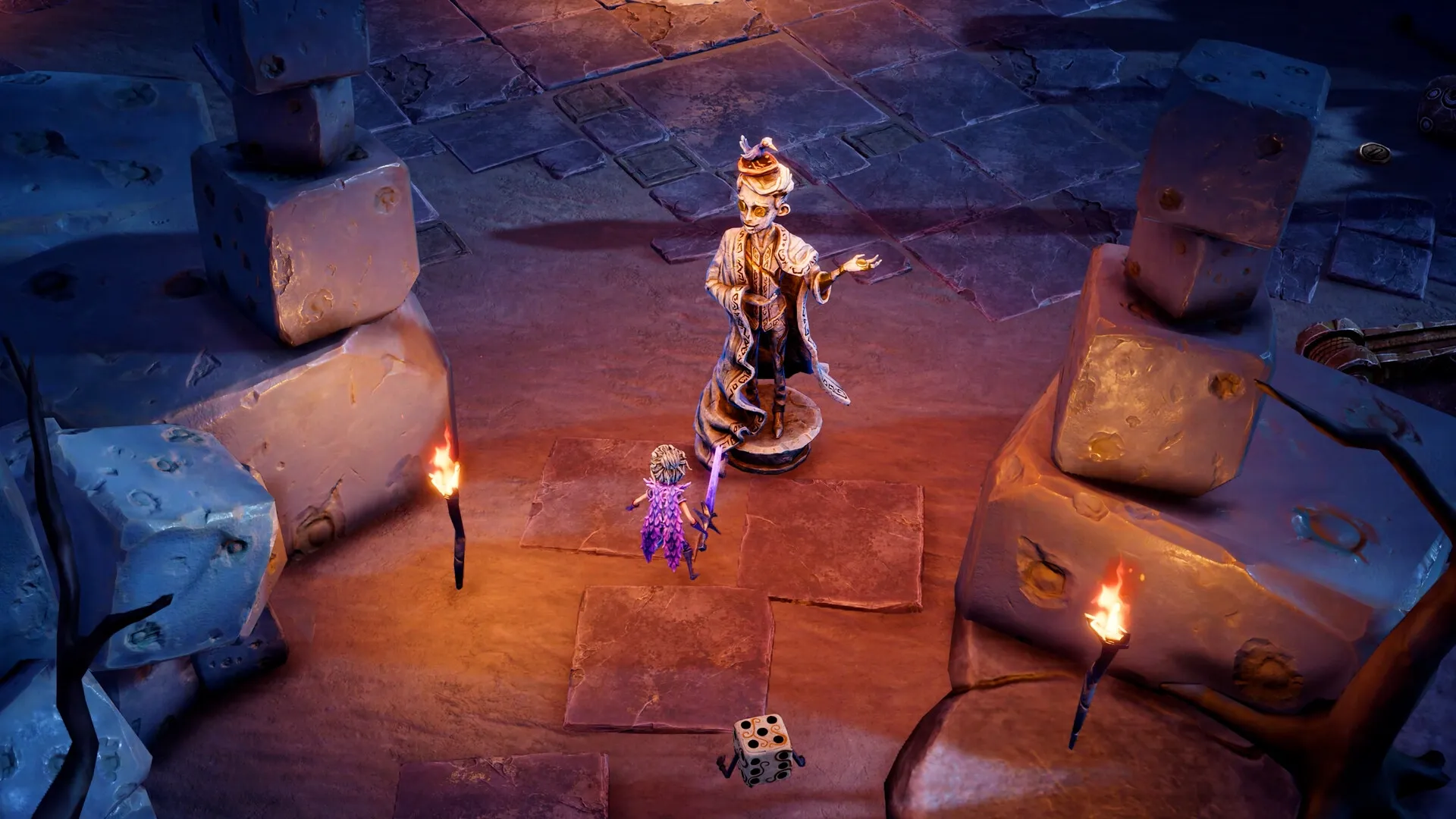 Lost in Random: Queen Aleksandra confronts a statue in a dice-themed arena illuminated by torches.