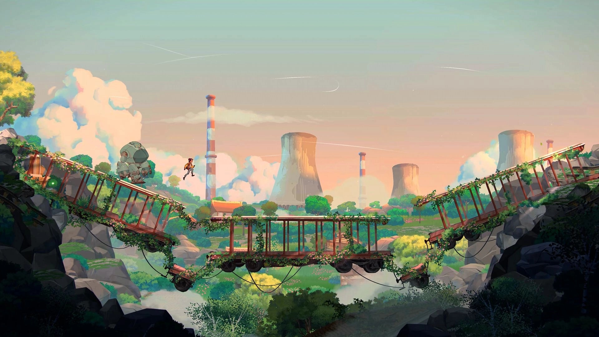 Lost in Tandem: Girl jumps between broken vine-covered train cars over a lush valley with smokestacks.