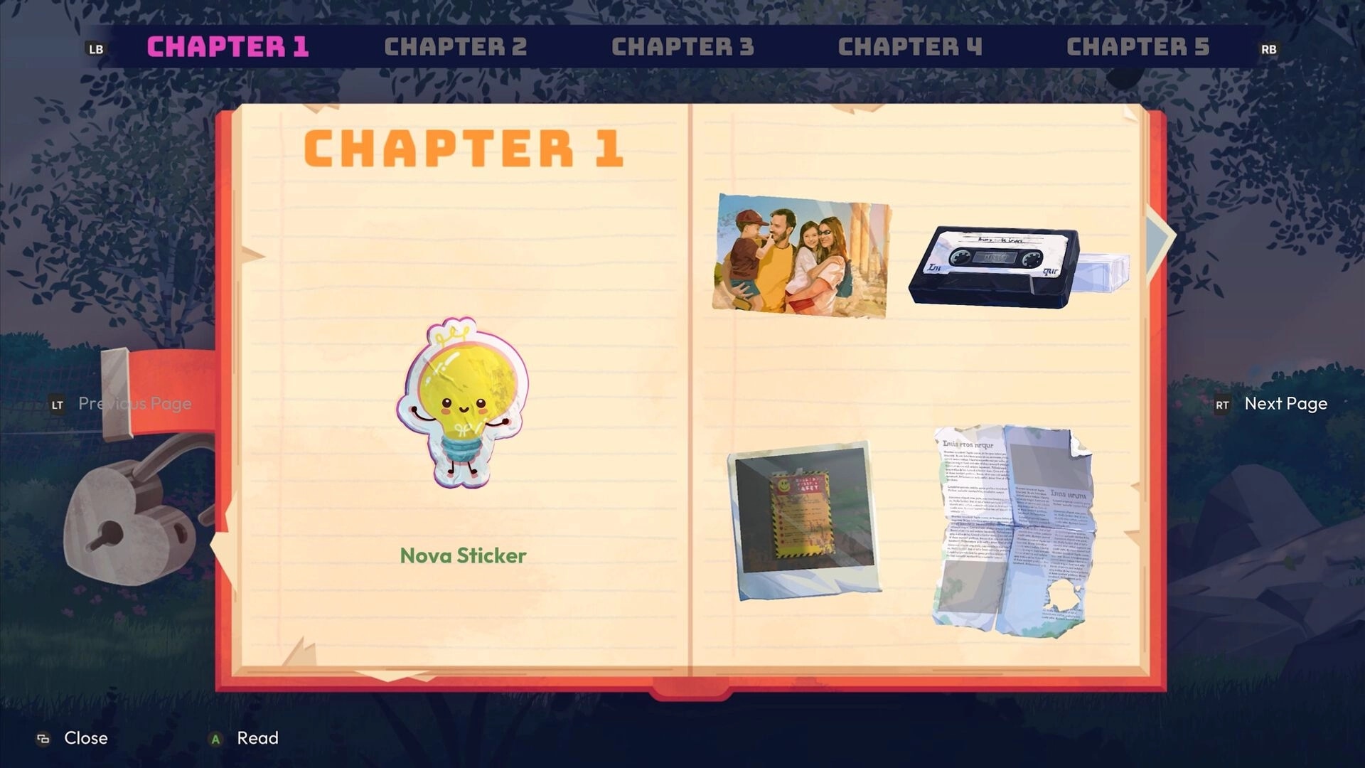 Lost in Tandem: Chapter 1 journal menu with Nova sticker and photos, cassette, and notes on pages.