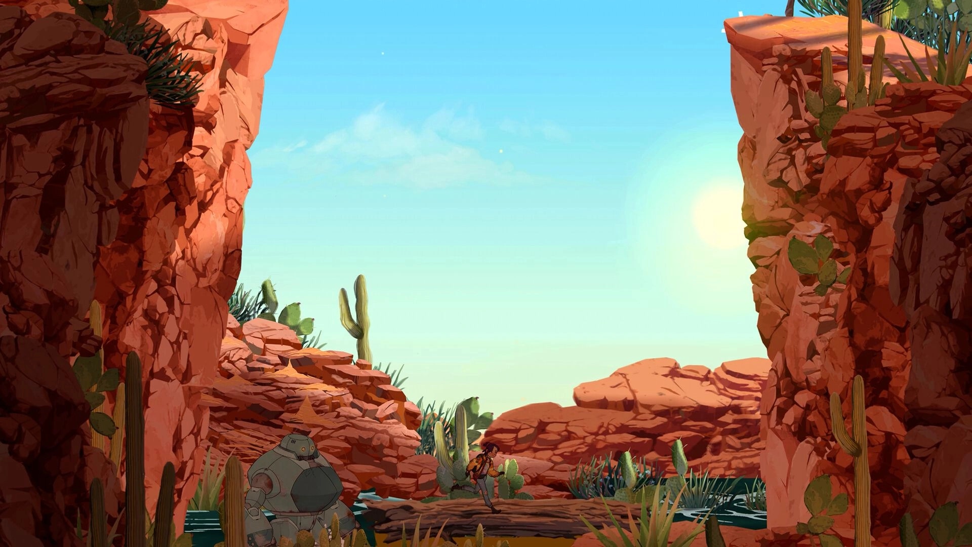 Lost in Tandem: Girl runs past Mech-ute through a sunlit desert canyon with cacti and cliffs.