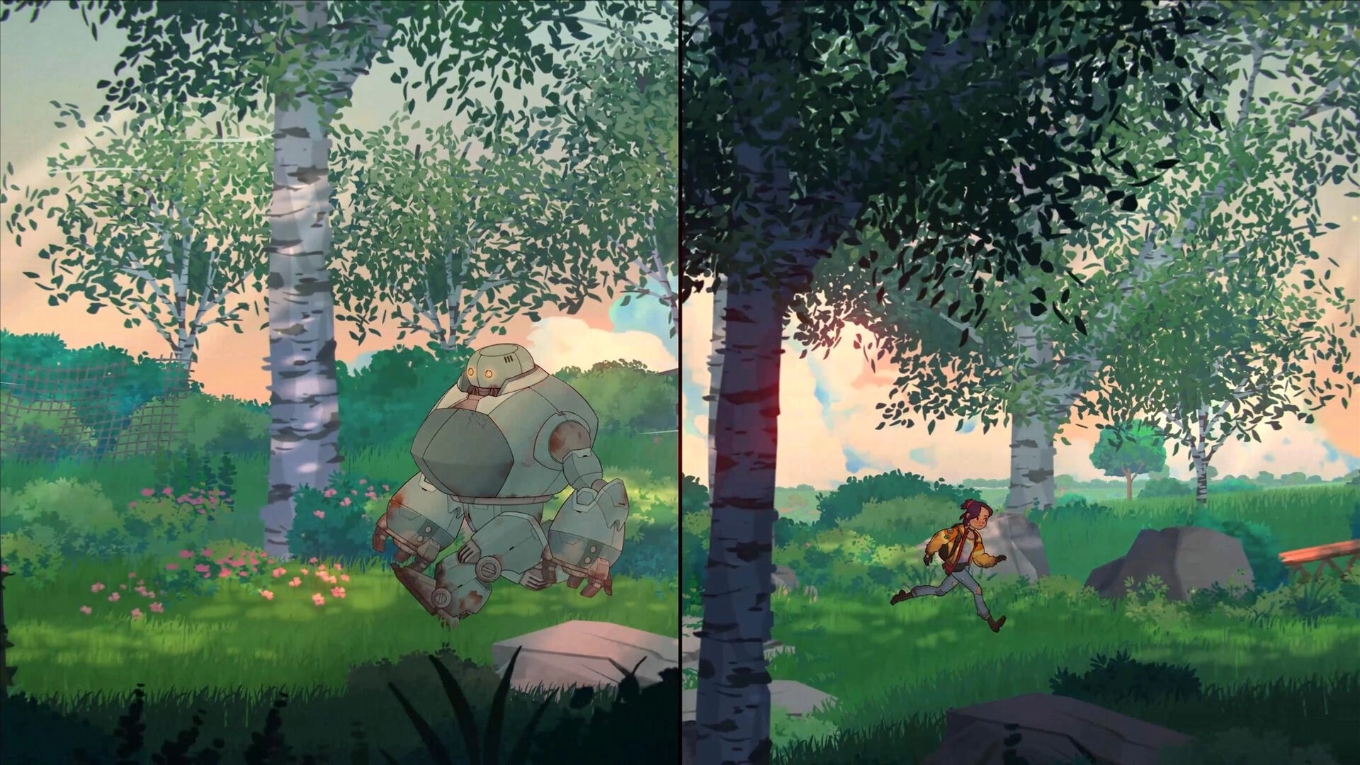 Lost in Tandem: Split-screen co-op with Mech-ute and a girl running through a birch grove meadow.