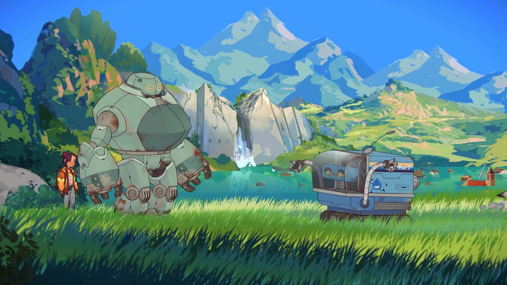 Lost in Tandem: Girl stands by a bulky robot and small rover in grassy valley by lake and mountains.