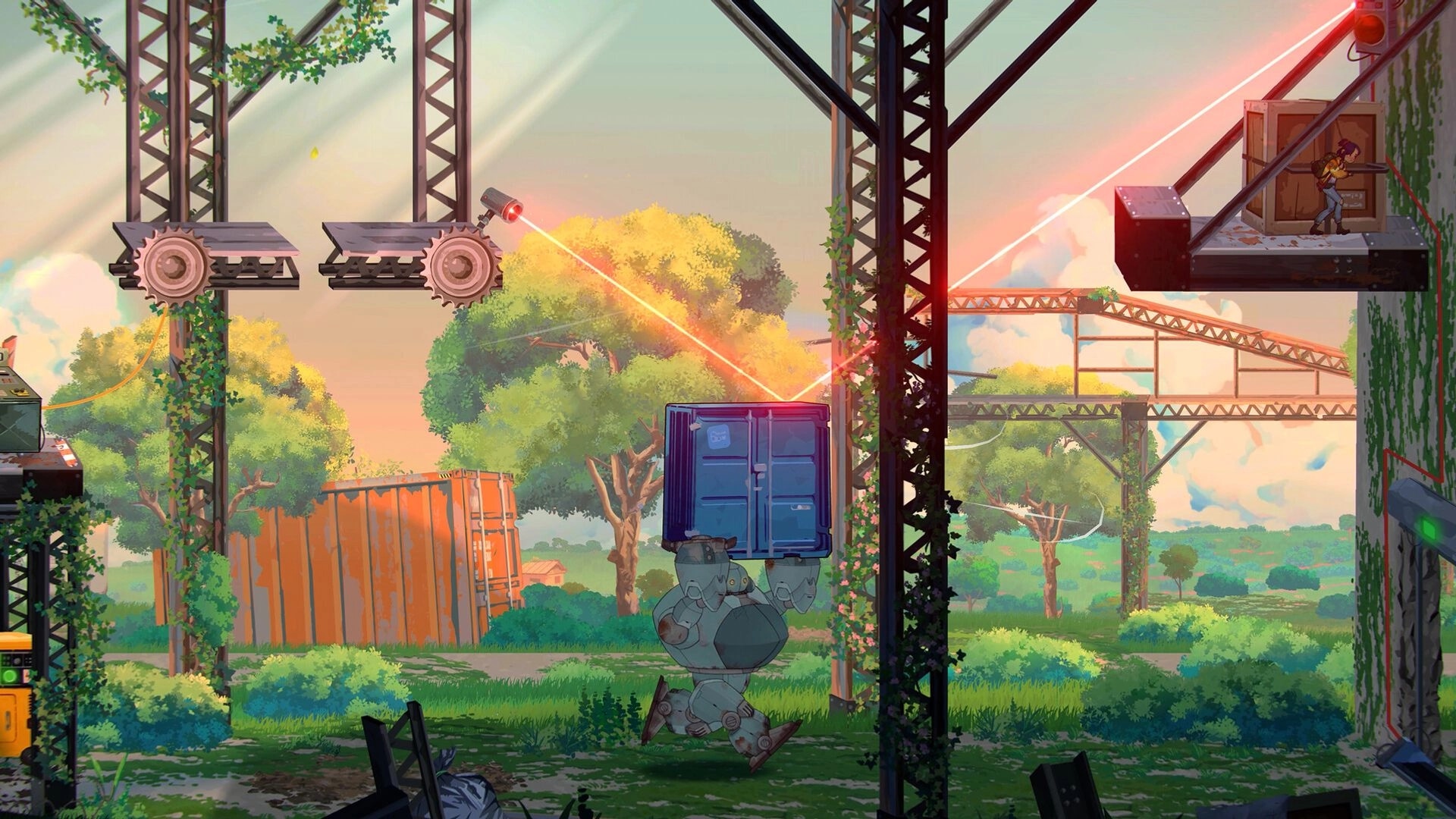 Lost in Tandem: Robot carries a blue crate as a red laser reflects across overgrown scaffolds.