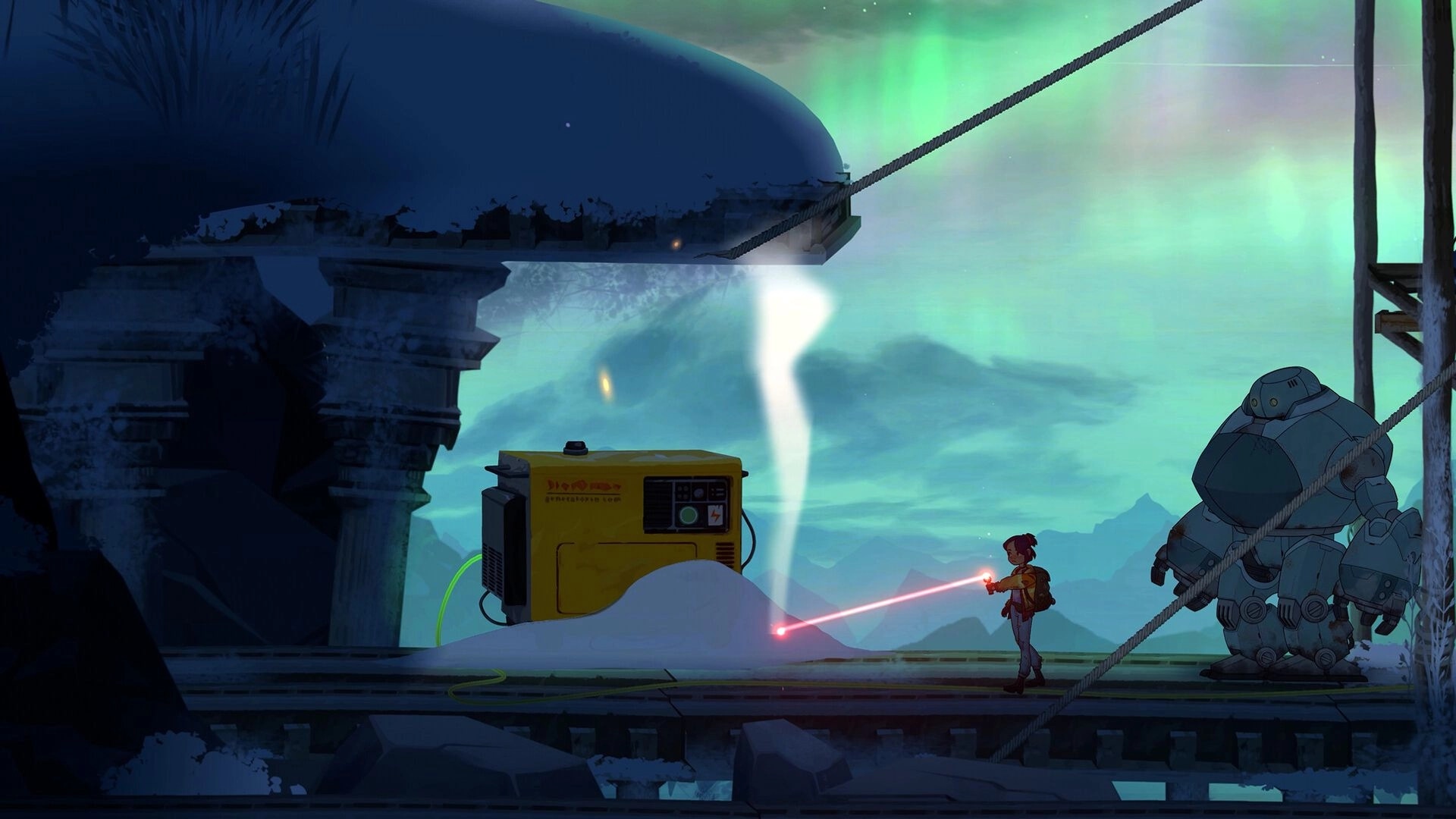 Lost in Tandem: Girl aims a red laser at a generator on a snowy bridge as Mech-ute watches nearby.