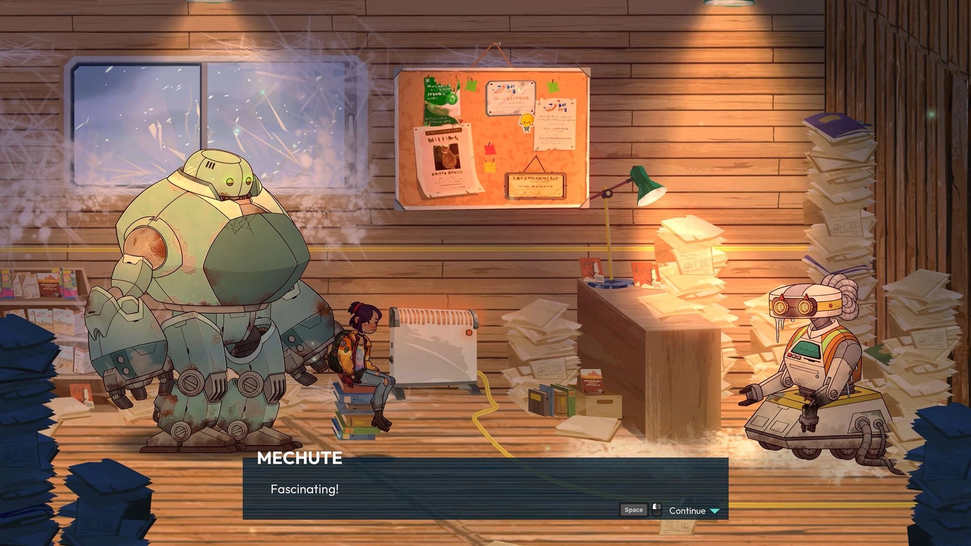 Lost in Tandem: Mech-ute talks in a dialogue box in a cluttered wooden office full of papers.