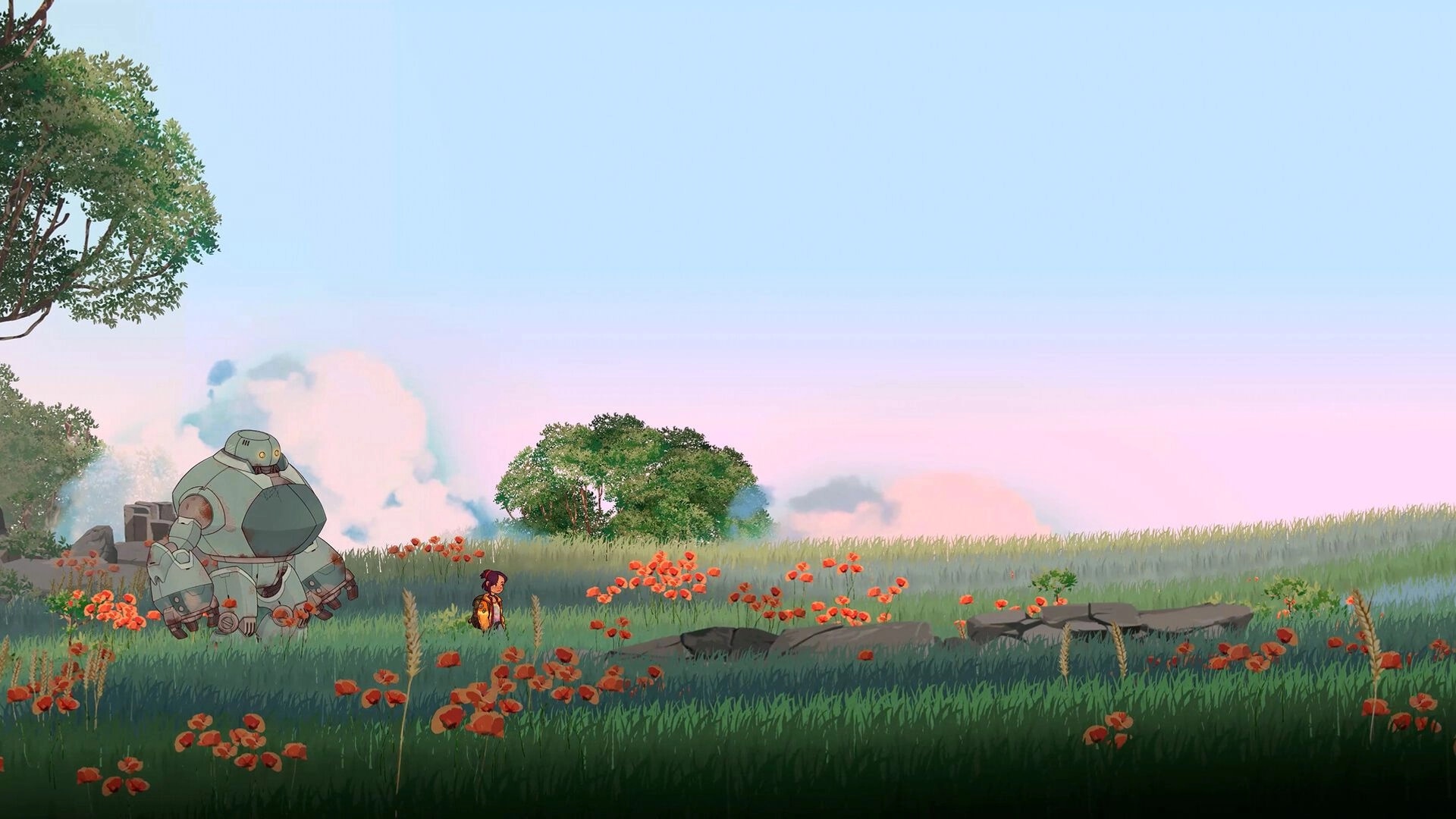 Lost in Tandem: Girl walks beside a bulky robot through a poppy-filled meadow under pastel sky.