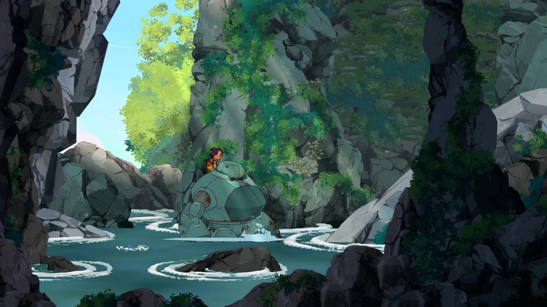 Lost in Tandem: Girl rides Mech-ute wading through a river canyon with cliffs and greenery around.
