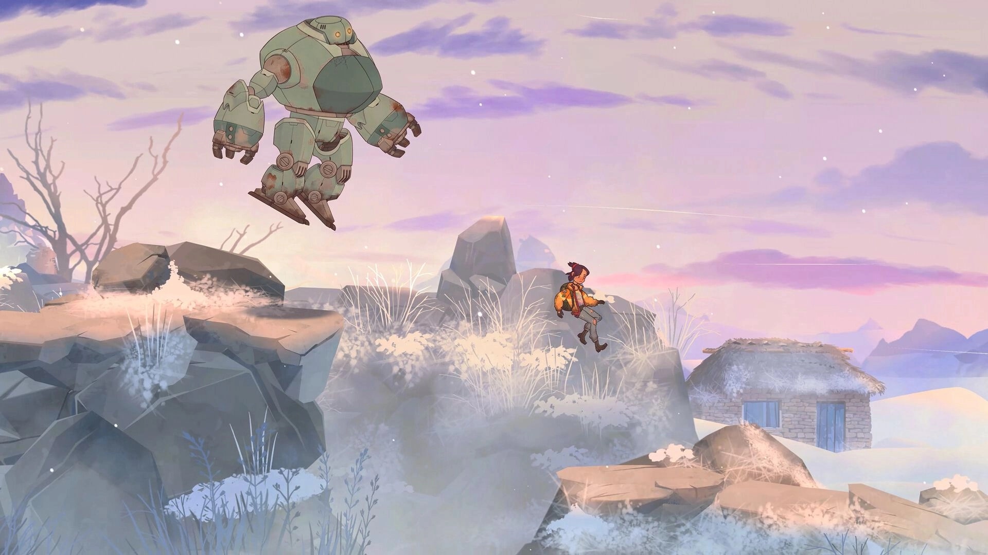 Lost in Tandem: Girl leaps between snowy rocks as Mech-ute hovers above near a small hut.