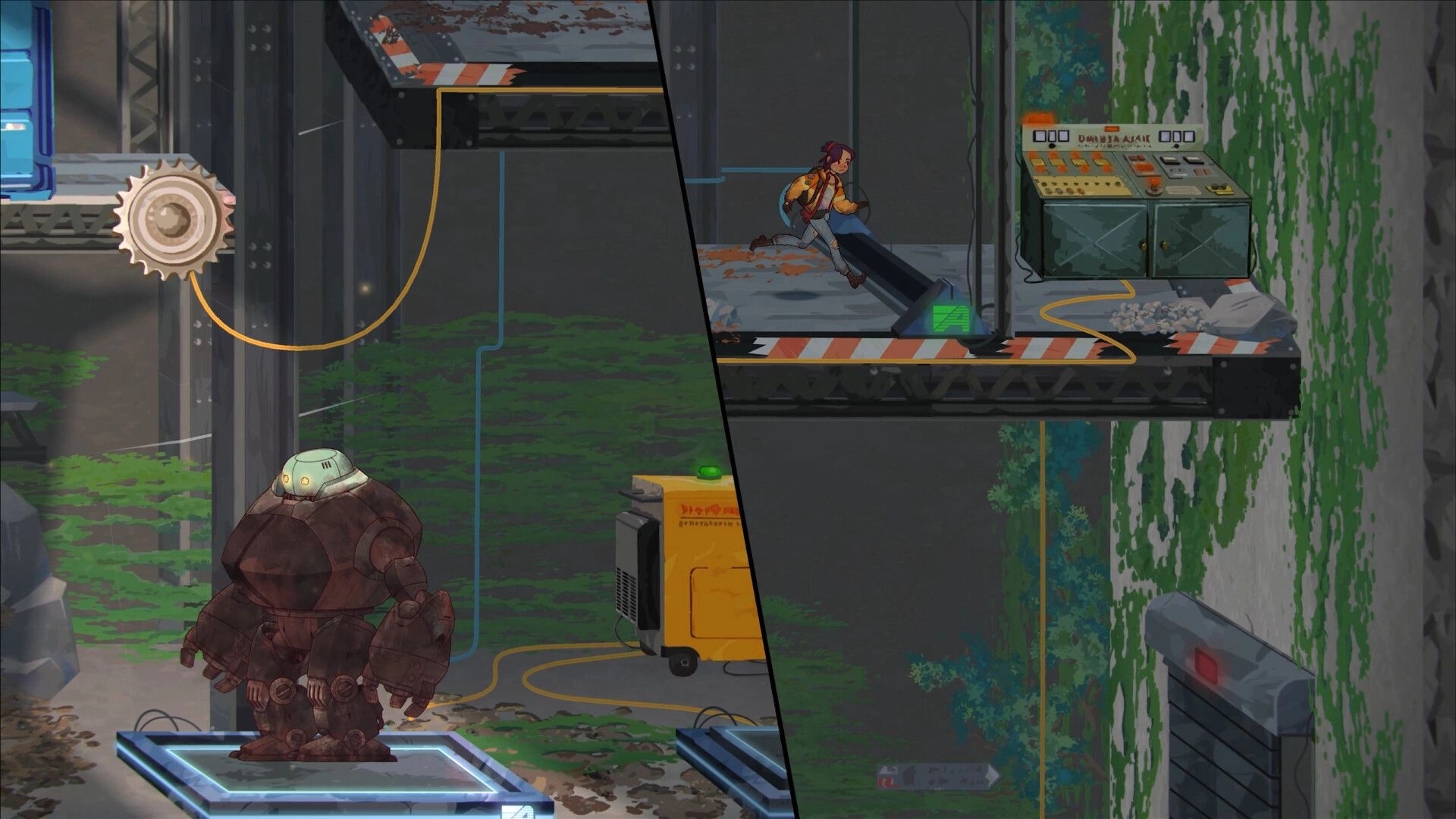 Lost in Tandem: Girl runs to a control console while Mech-ute waits on a pad in a mossy facility.