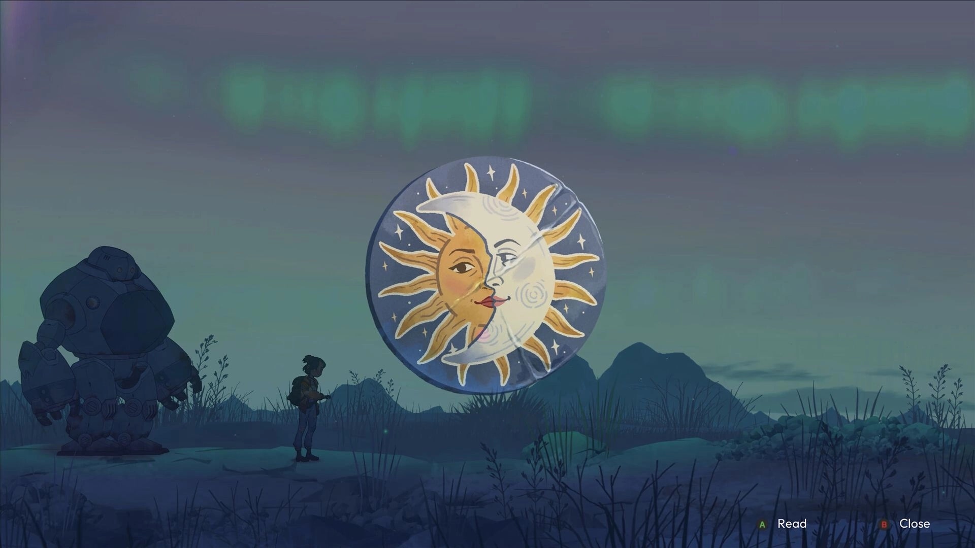Lost in Tandem: Girl and Mech-ute view sun-moon emblem, with Read/Close prompts in dusk field.