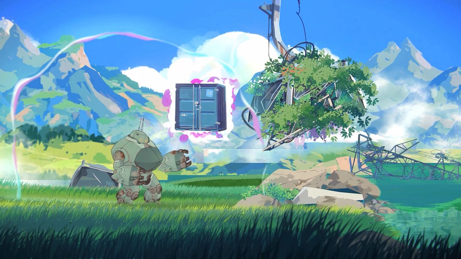 Lost in Tandem: Mech-ute faces a floating crate portal in grassy ruins with mountains and debris.