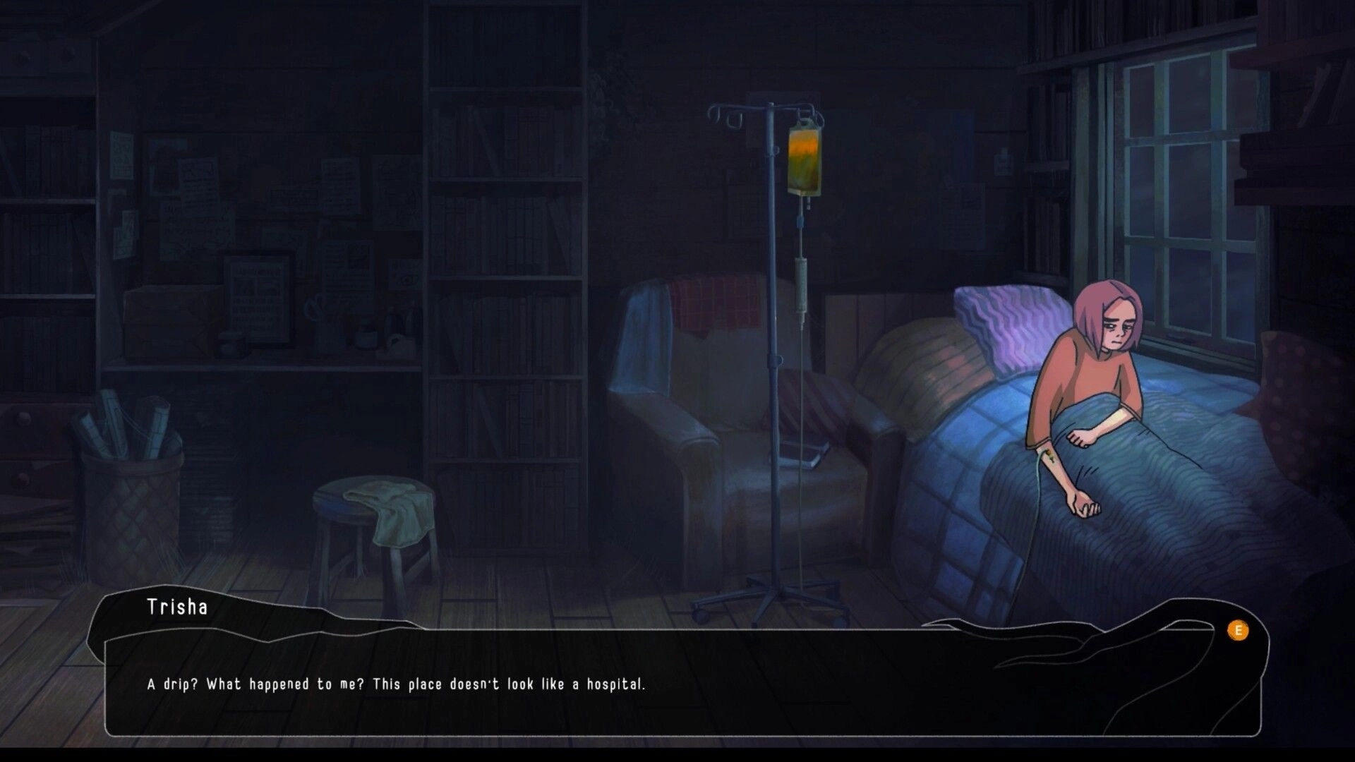 Lost in the Roots: Trisha sits on a bed in a dim attic, an IV drip beside her, questioning her situation.