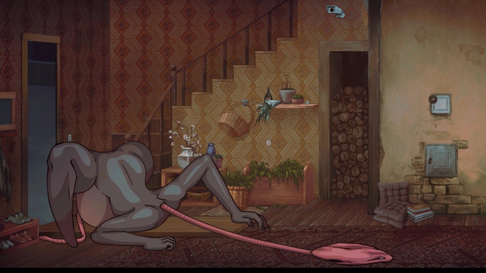 Lost in the Roots: Creature crawls in dimly lit attic with patterned wallpaper and wooden staircase
