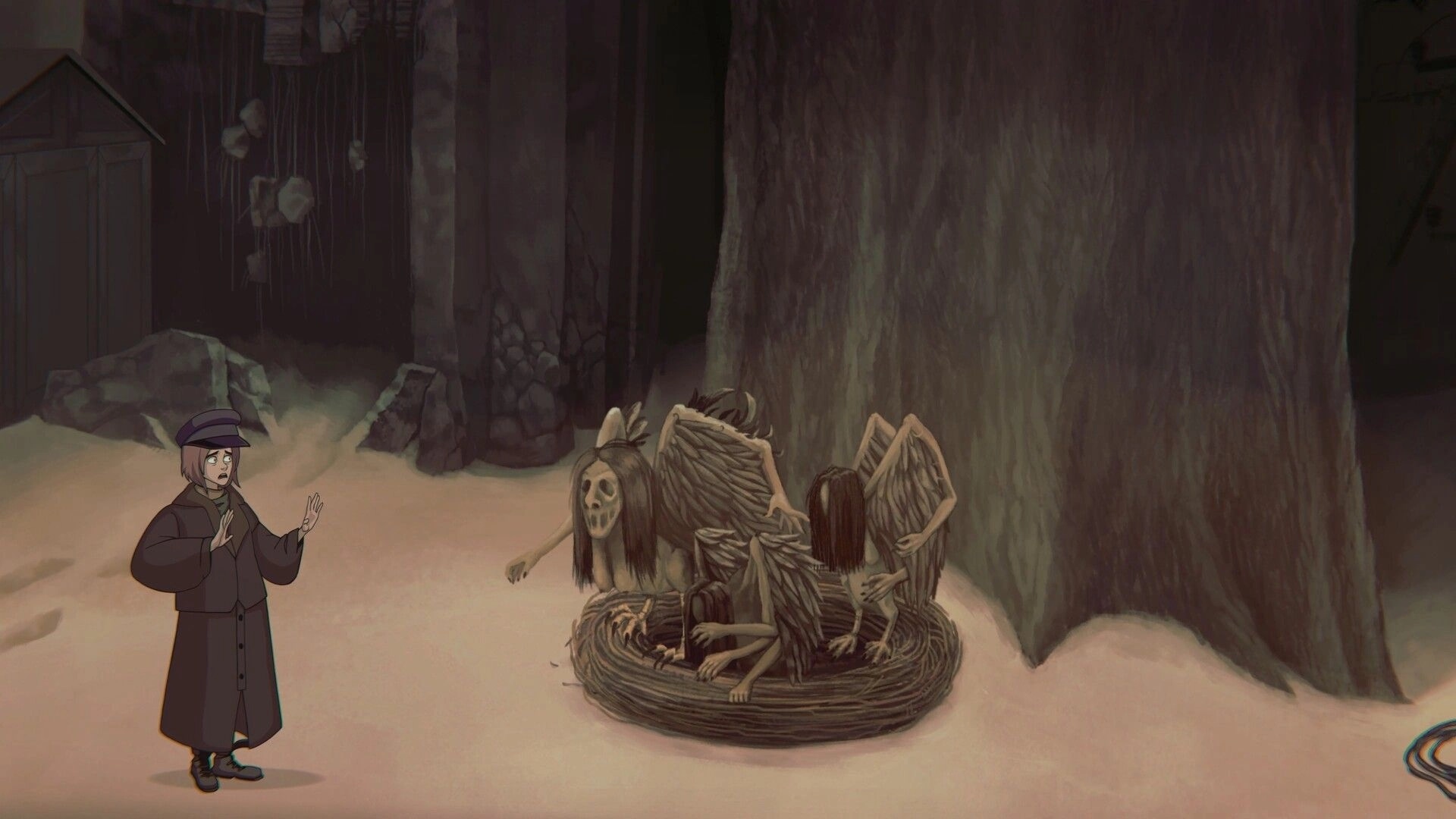 Lost in the Roots: Young girl confronts eerie creatures in a dimly lit cave setting