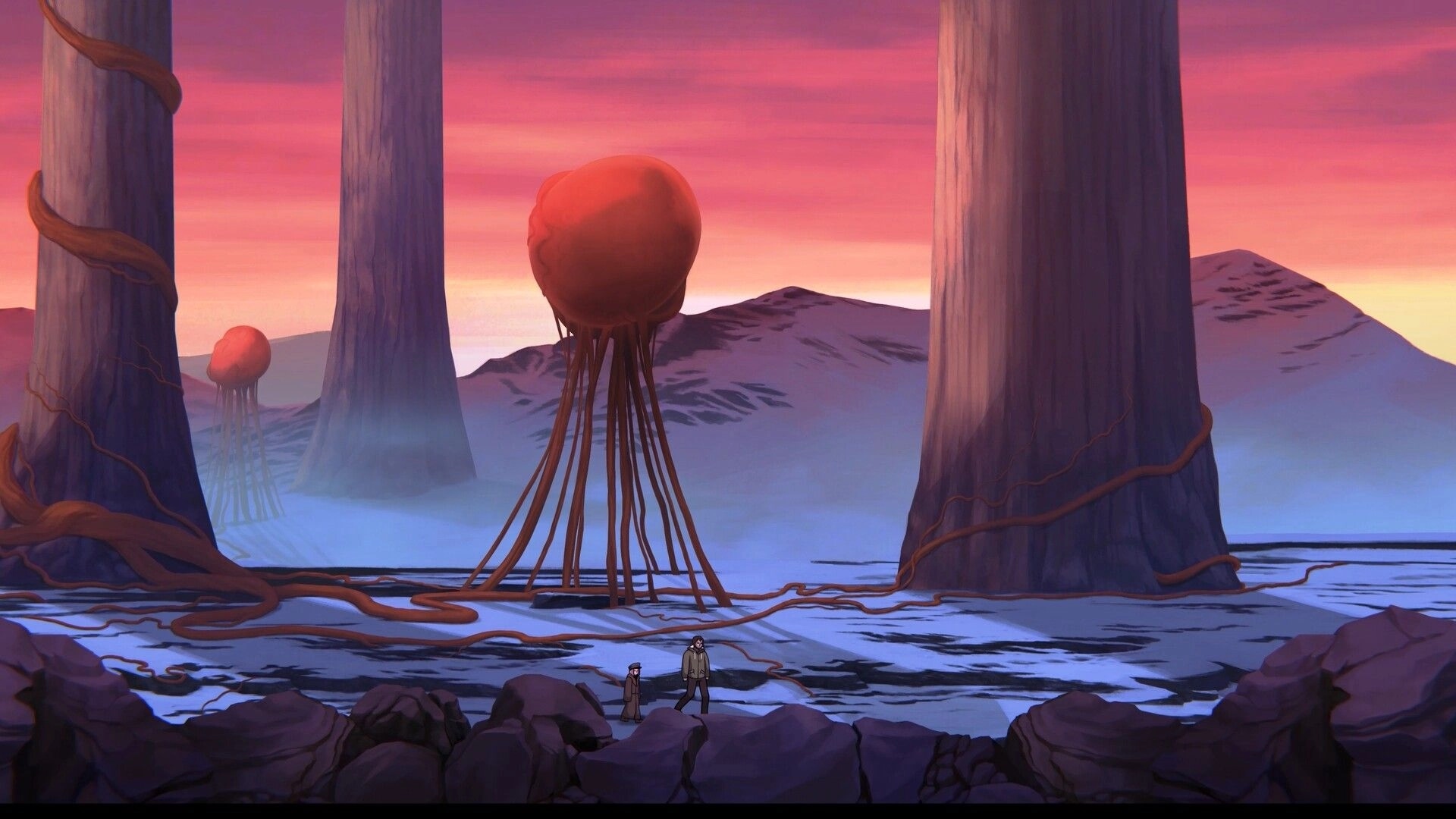 Lost in the Roots: Two characters explore a mysterious landscape with giant tree trunks and a red sky.