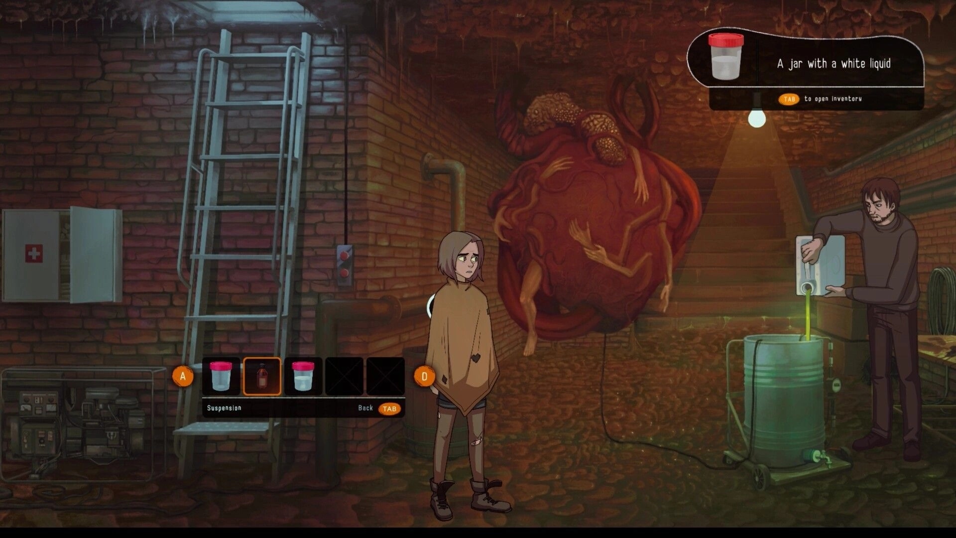 Lost in the Roots: Young girl in an eerie attic with inventory menu and unsettling organic wall growth