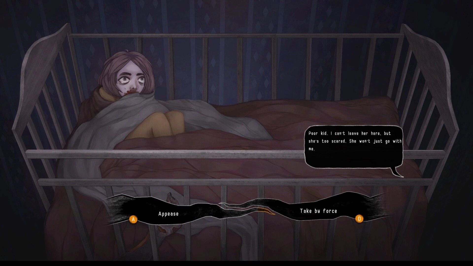 Lost in the Roots: Young girl in a crib with dialogue options "Appease" and "Take by force" in attic