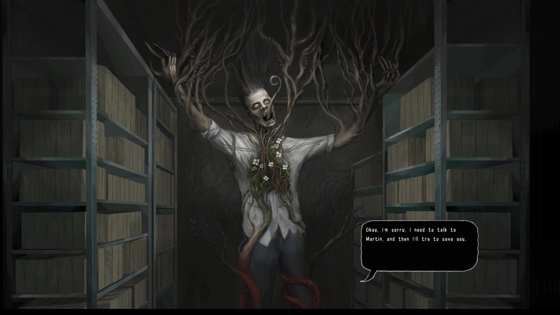 Lost in the Roots: Creepy figure with branches in a dim attic, dialogue box with ominous message.