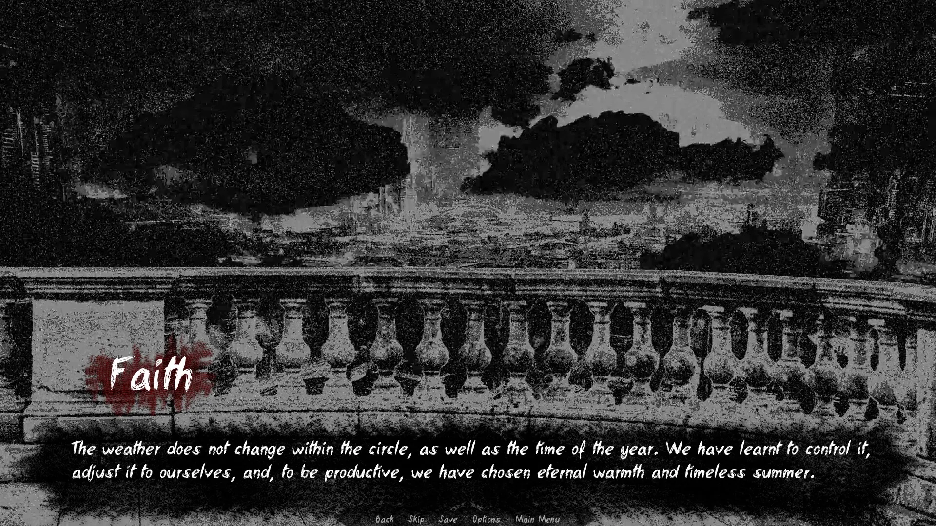 Lost Infinity: Balcony view with dramatic sky and text overlay about controlling weather and seasons