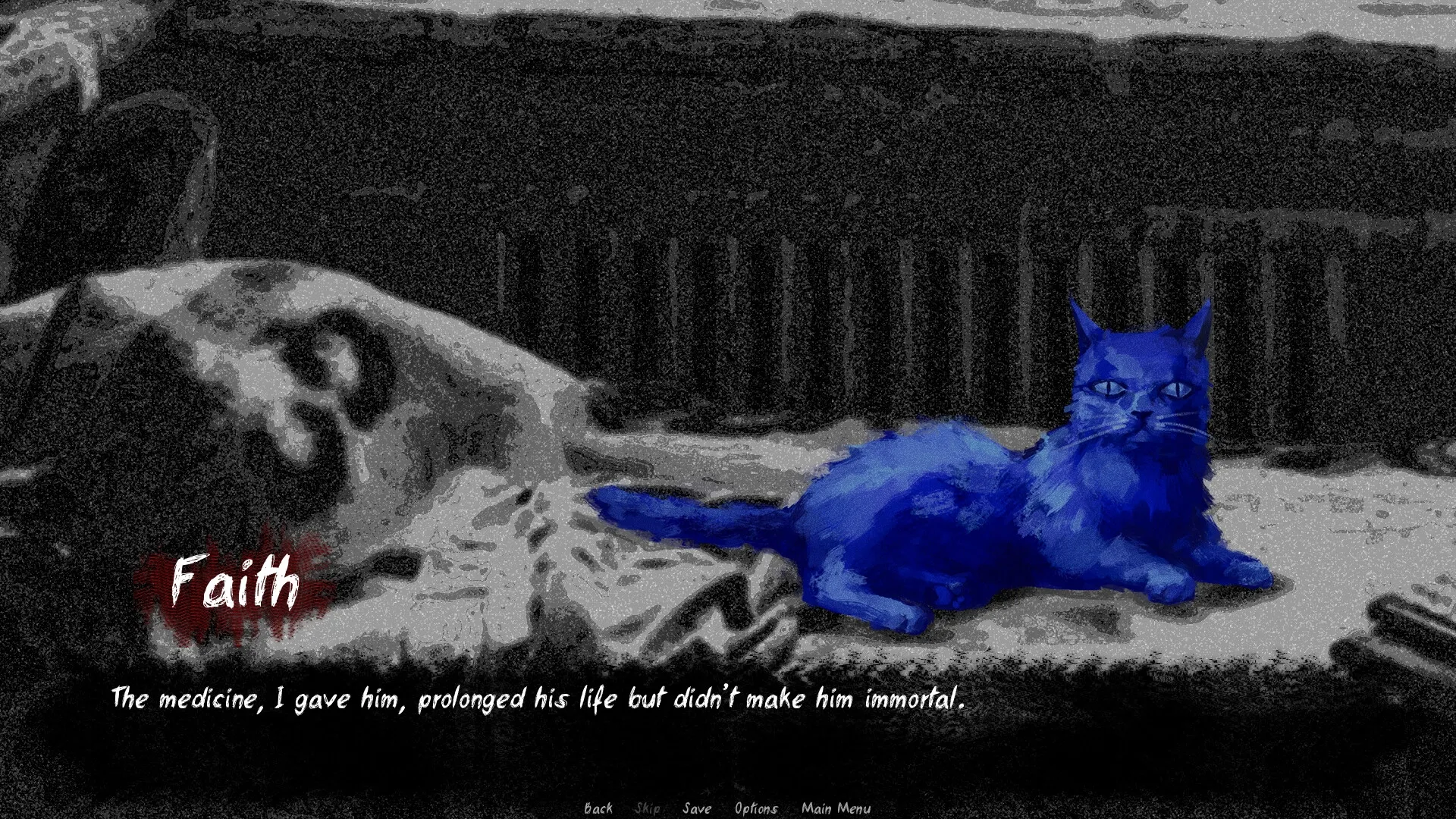 Lost Infinity: Blue cat on a bed with "Faith" text, dialogue about medicine, and menu options visible.