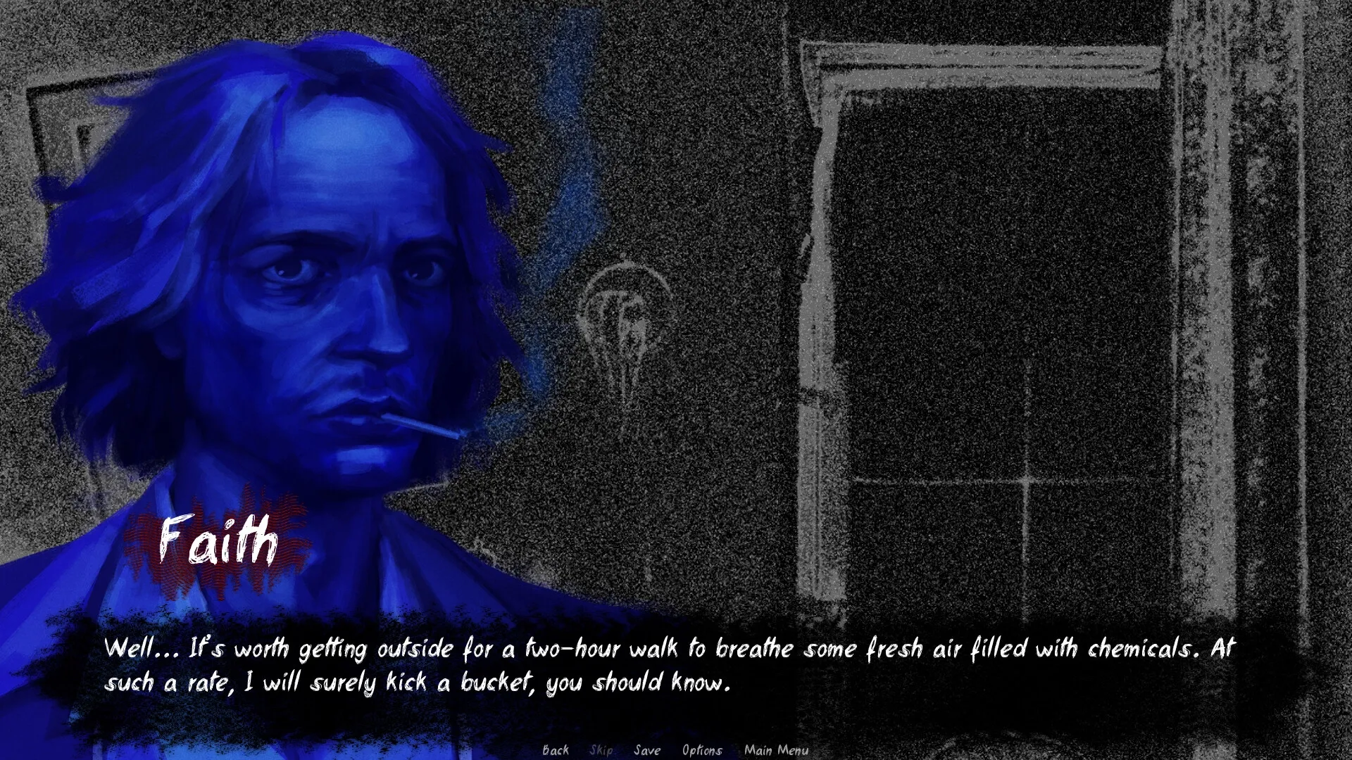 Lost Infinity: Character Faith in blue tint with dialogue in a dimly lit room, UI options below