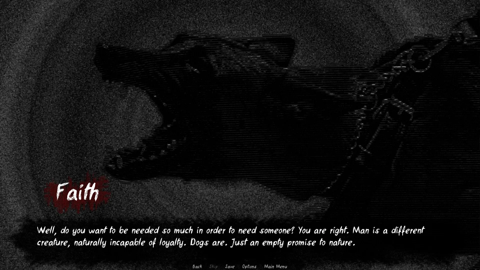 Lost Infinity: Dark silhouette of a wolf with text dialogue and navigation options at the bottom