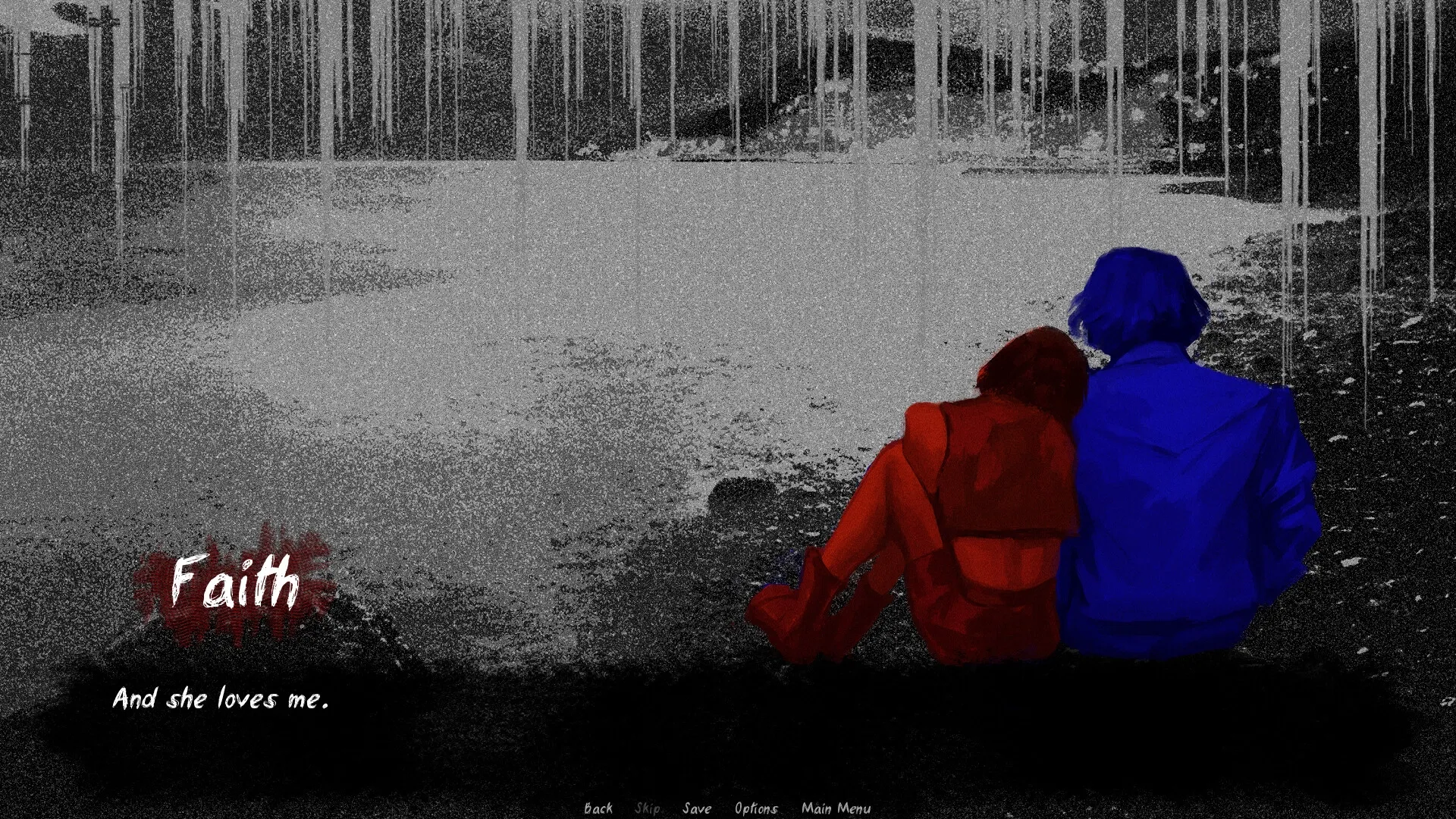 Lost Infinity: Two characters sitting together by a monochrome lake, with dialogue and menu options visible.