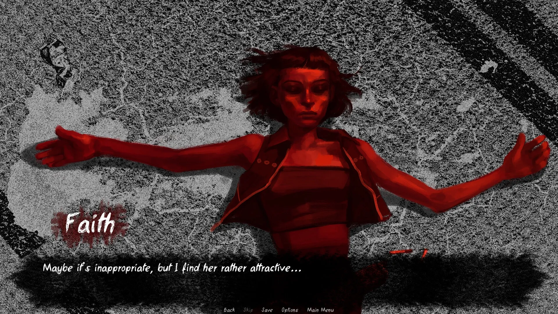 Lost Infinity: Faith lying on textured ground with dialogue and menu options at the bottom of the screen.