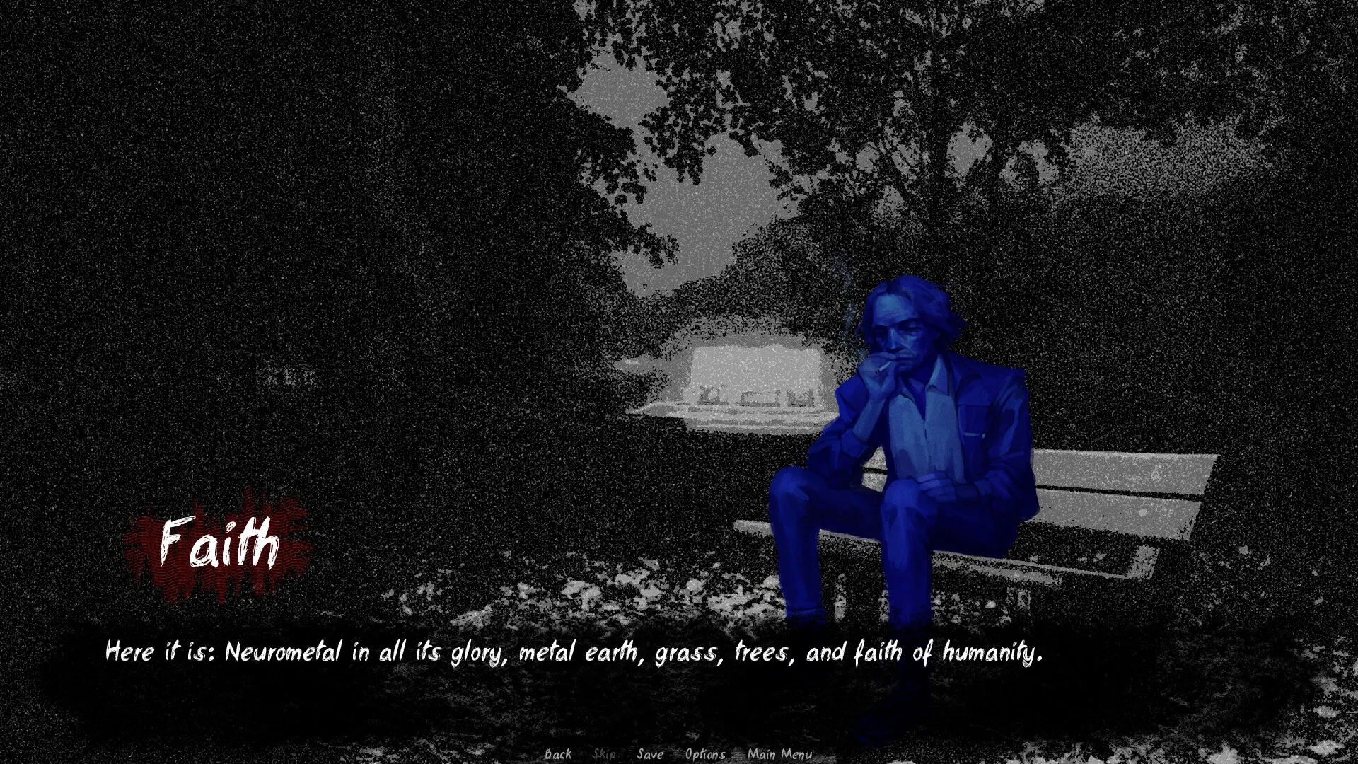 Lost Infinity: Blue character sits on a bench in a dark park, contemplating faith and Neurometal.