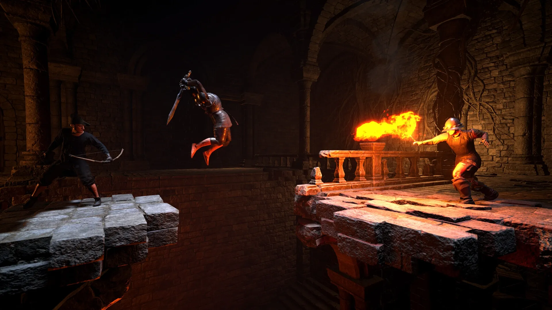 Lost Isle: Three characters in combat on stone platforms in a dimly lit dungeon with fiery torchlight.