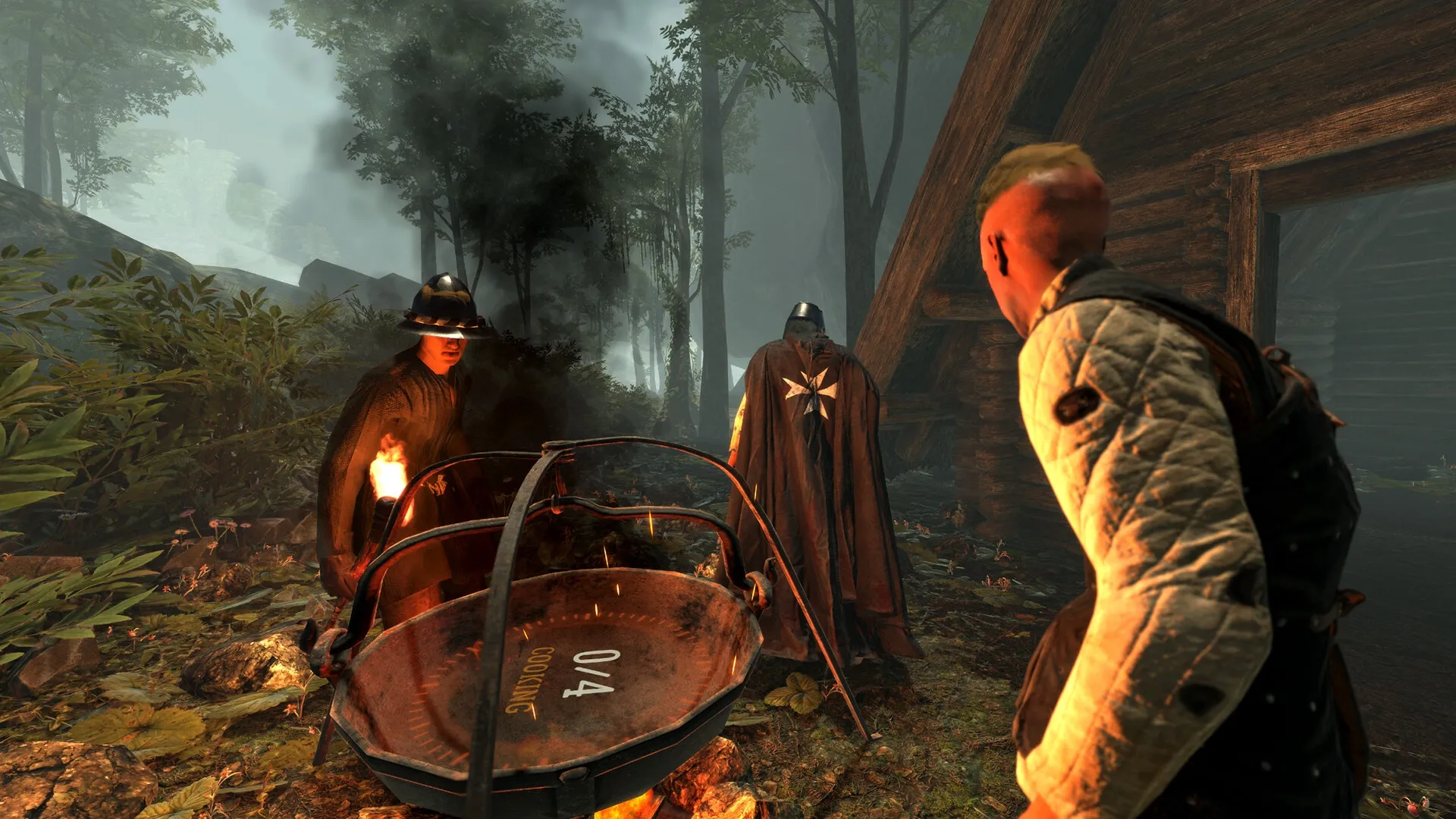 Lost Isle: Three characters gather around a cauldron in a misty forest near a wooden cabin