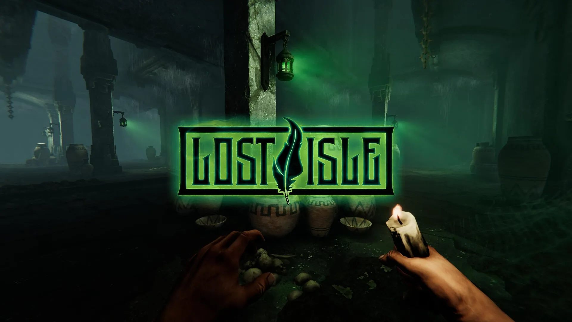 Lost Isle: Player holding candle in dark dungeon with glowing game logo and ancient vases around