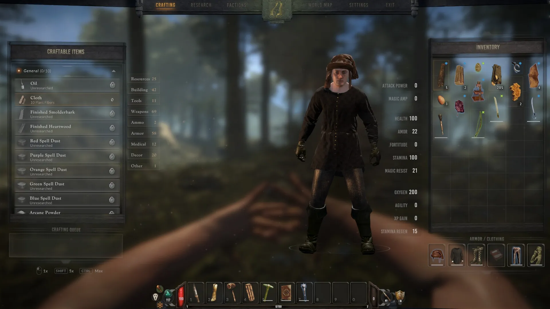 Lost Isle: Character customization screen with inventory and crafting options in a forest setting