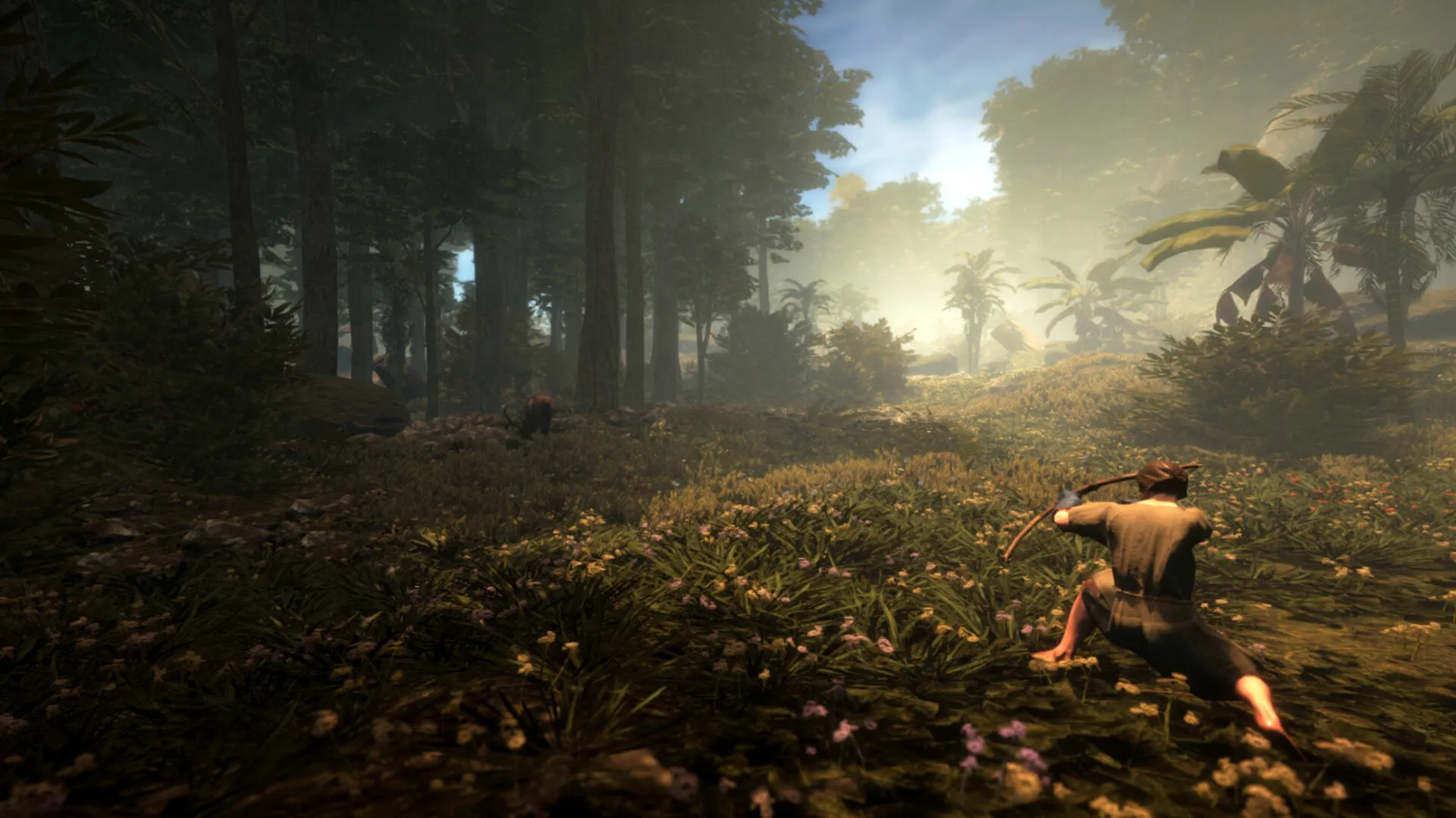 Lost Isle: Player crouching with bow in dense forest, sunlight filtering through trees