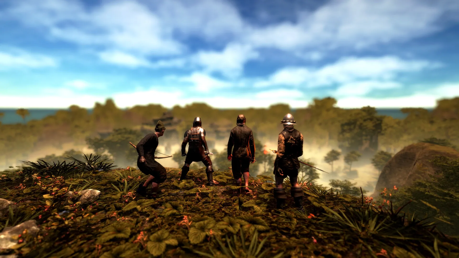 Lost Isle: Four armored characters overlook a dense, misty forest from a grassy hilltop.
