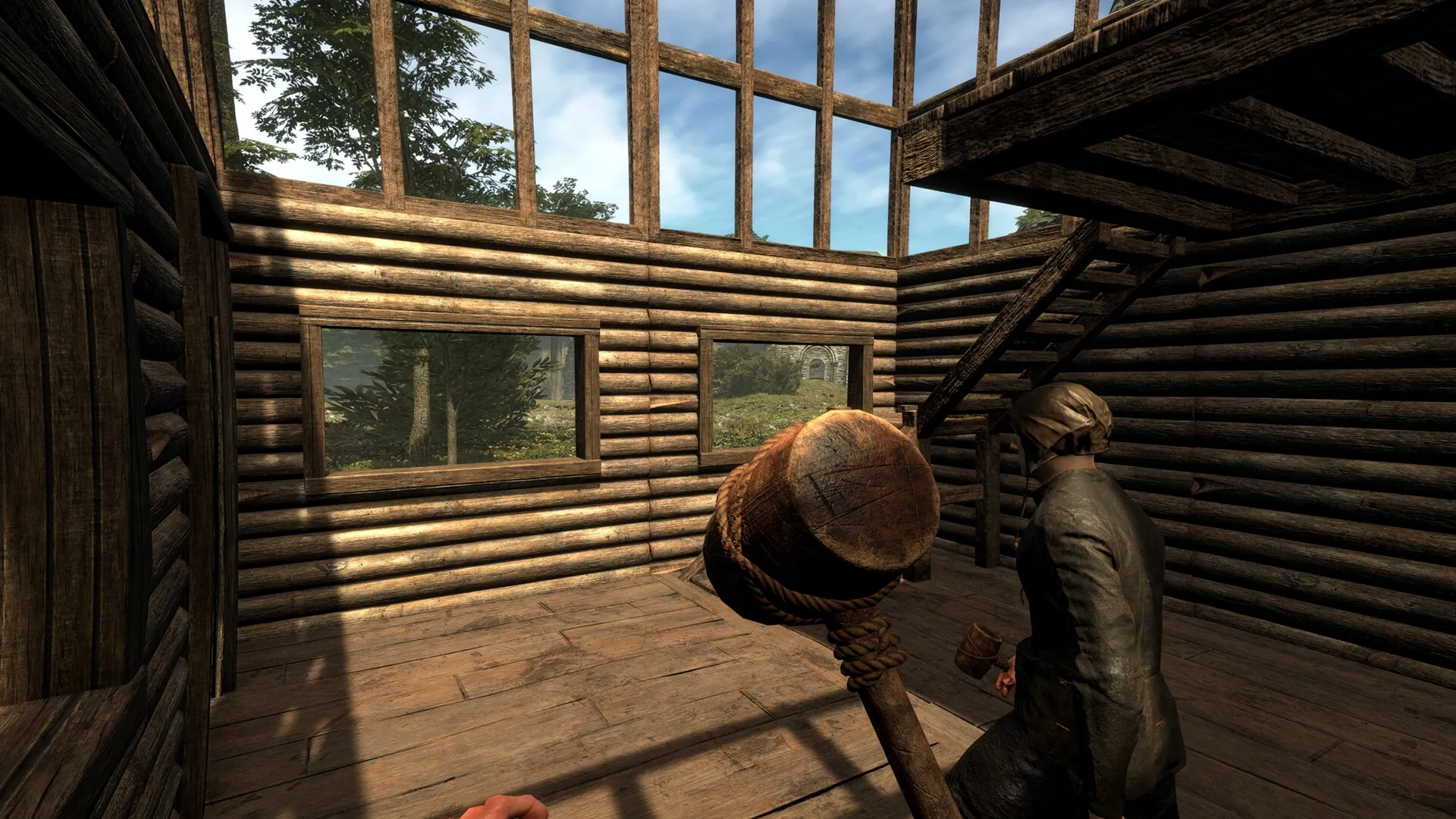 Lost Isle: Character holding a wooden mallet inside a log cabin with large windows and staircase