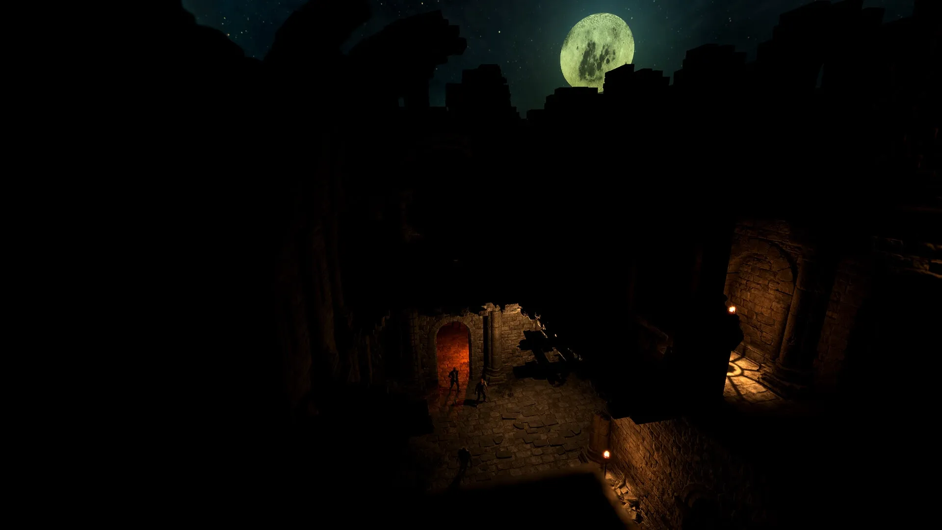 Lost Isle: Characters exploring moonlit ruins with torches illuminating ancient stone walls