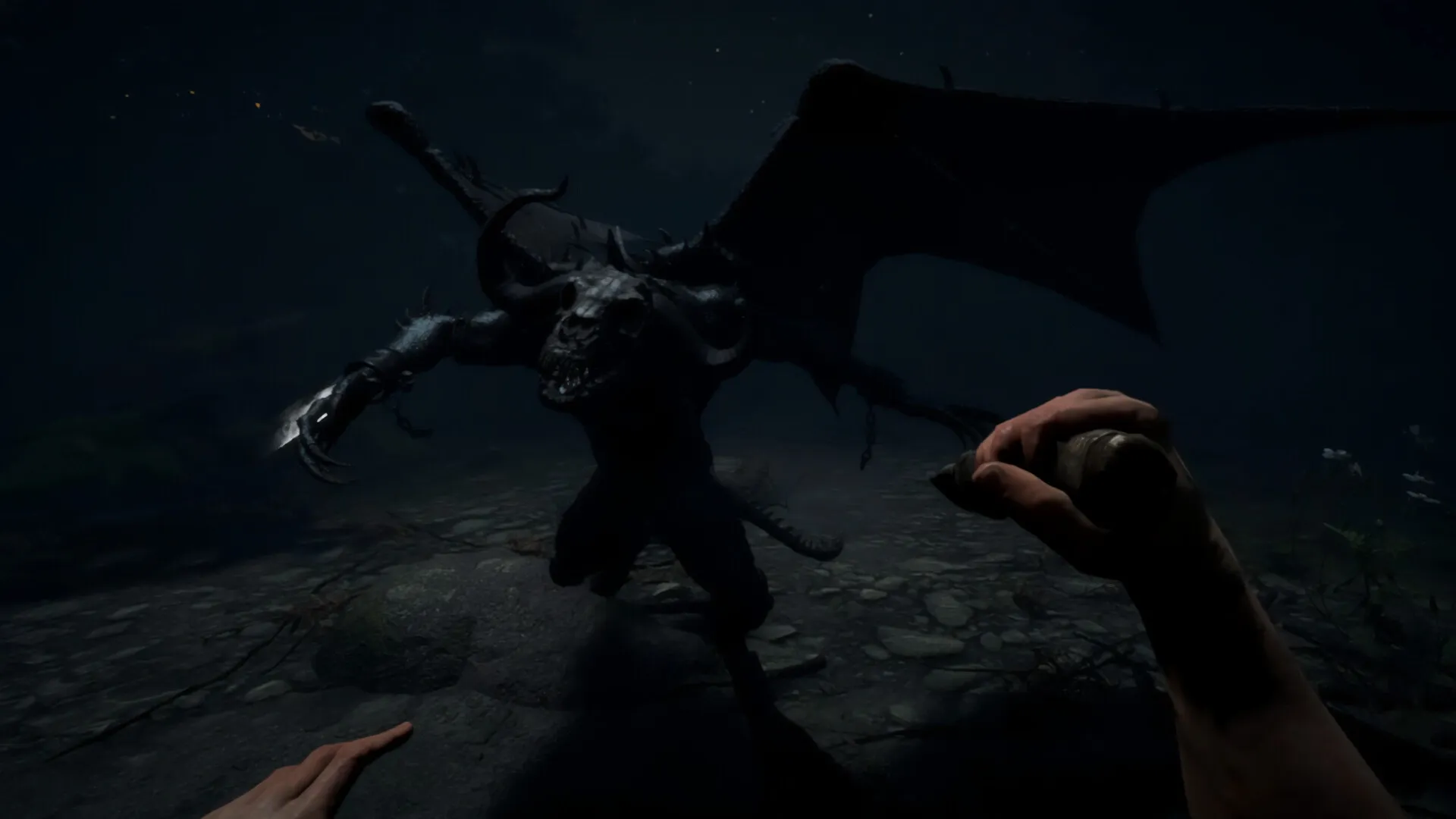 Lost Isle: Player faces a winged beast in a dark forest, holding a weapon ready for combat