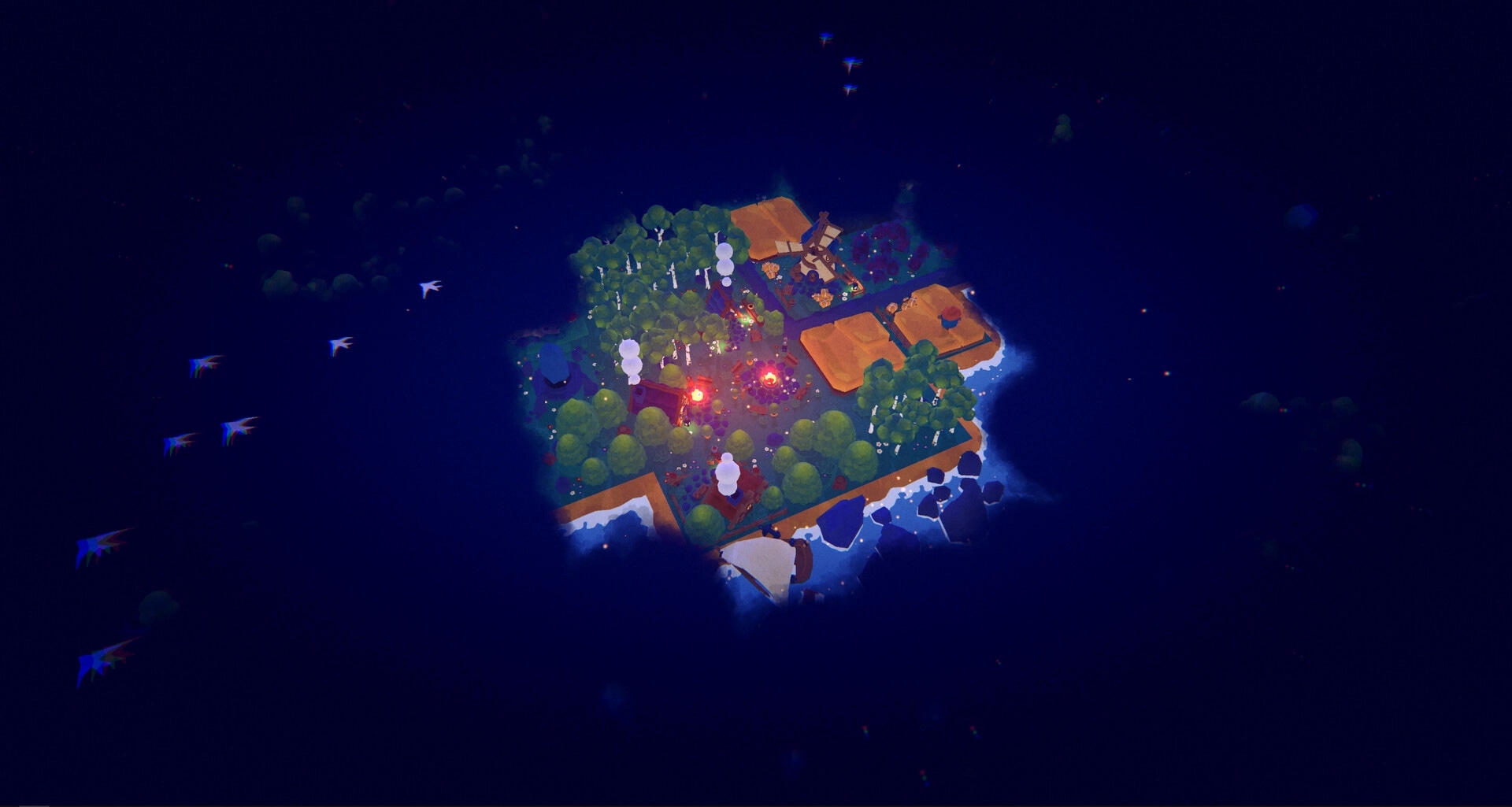 Lost Lands: Aerial view of a small, illuminated island village surrounded by dark ocean waters