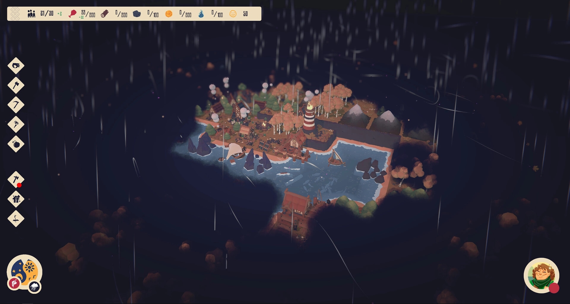 Lost Lands: Island village with lighthouse in rain, resource icons and menu on screen