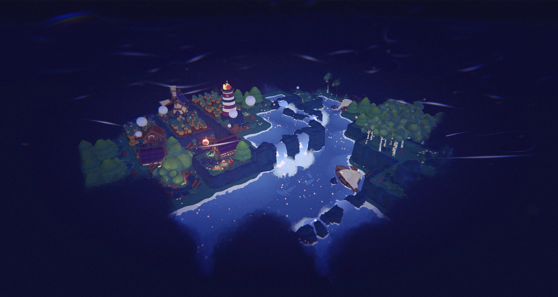 Lost Lands: Nighttime village with lighthouse and river flowing through forested islands