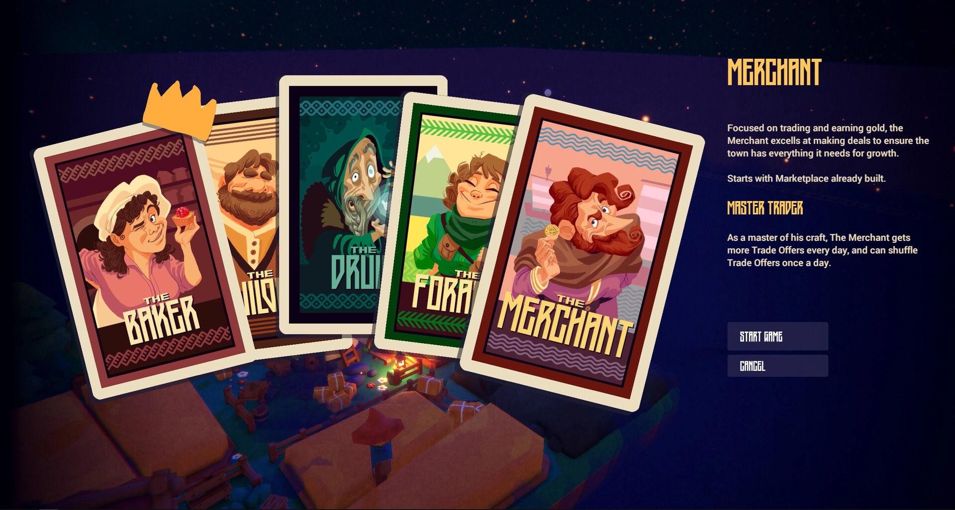 Lost Lands: Character selection showing The Baker, The Wild, The Druid, The Forager, and The Merchant